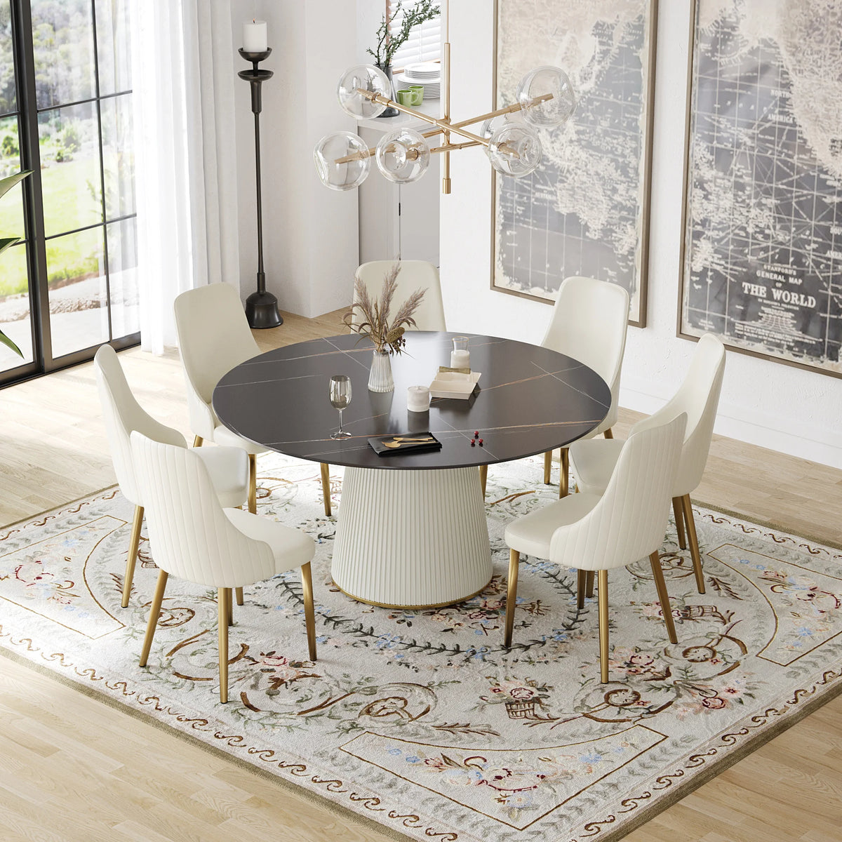 Mesa de comedor Marbella de piedra sinterizada | Redonda de 150 cm (59 pulgadas) en negro mate con base revestida de cuero