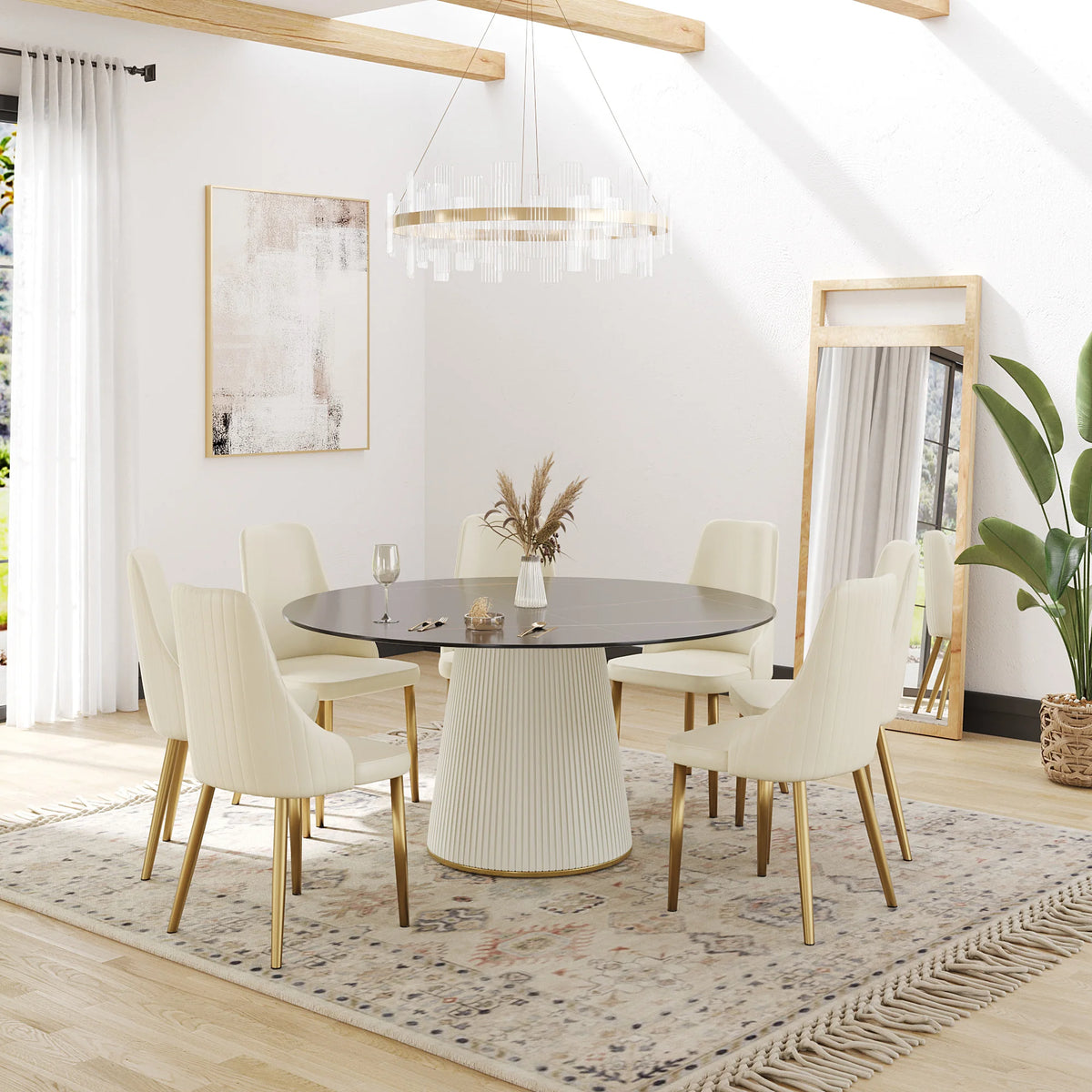 Mesa de comedor Marbella de piedra sinterizada | Redonda de 150 cm (59 pulgadas) en negro mate con base revestida de cuero