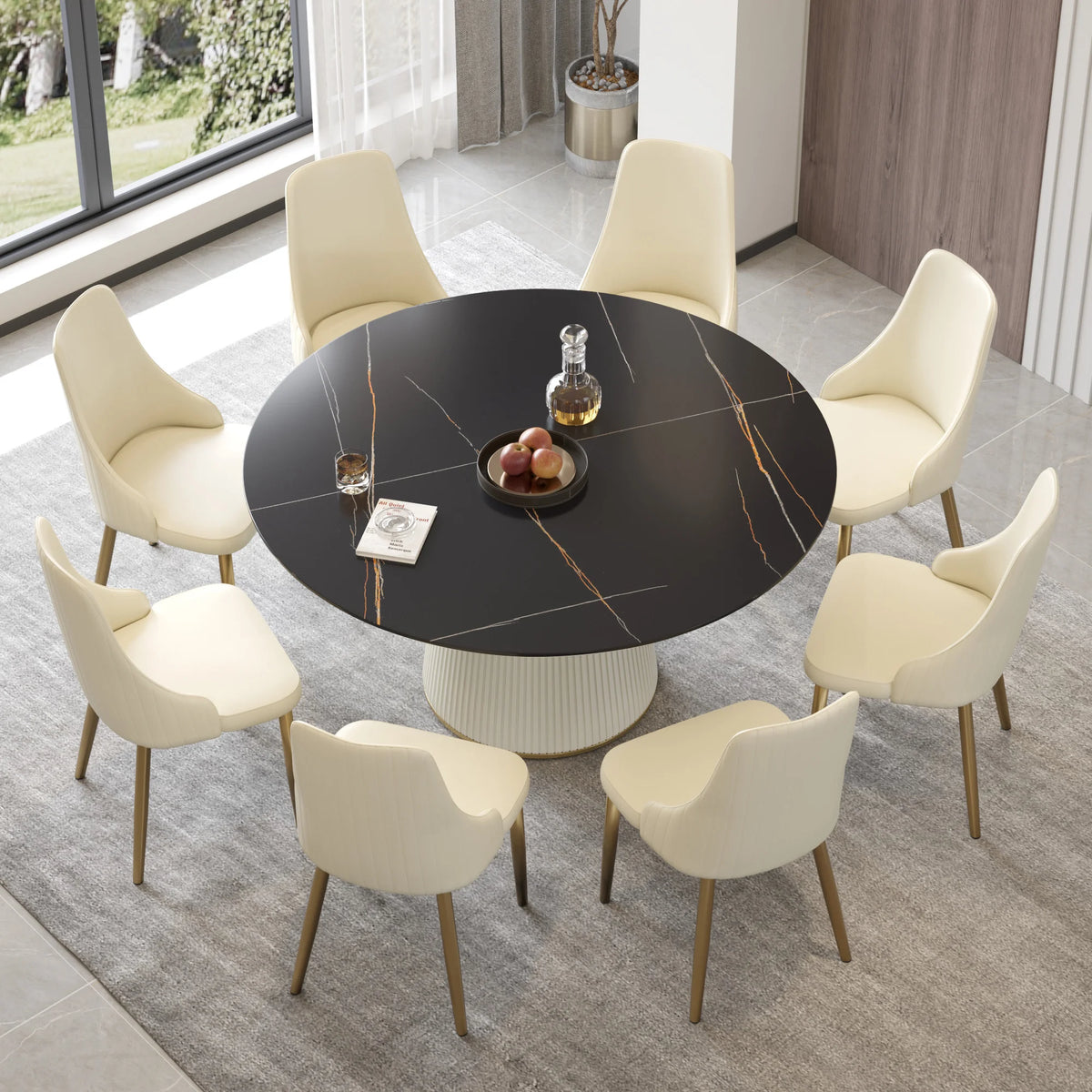 Mesa de comedor Marbella de piedra sinterizada | Redonda de 150 cm (59 pulgadas) en negro mate con base revestida de cuero
