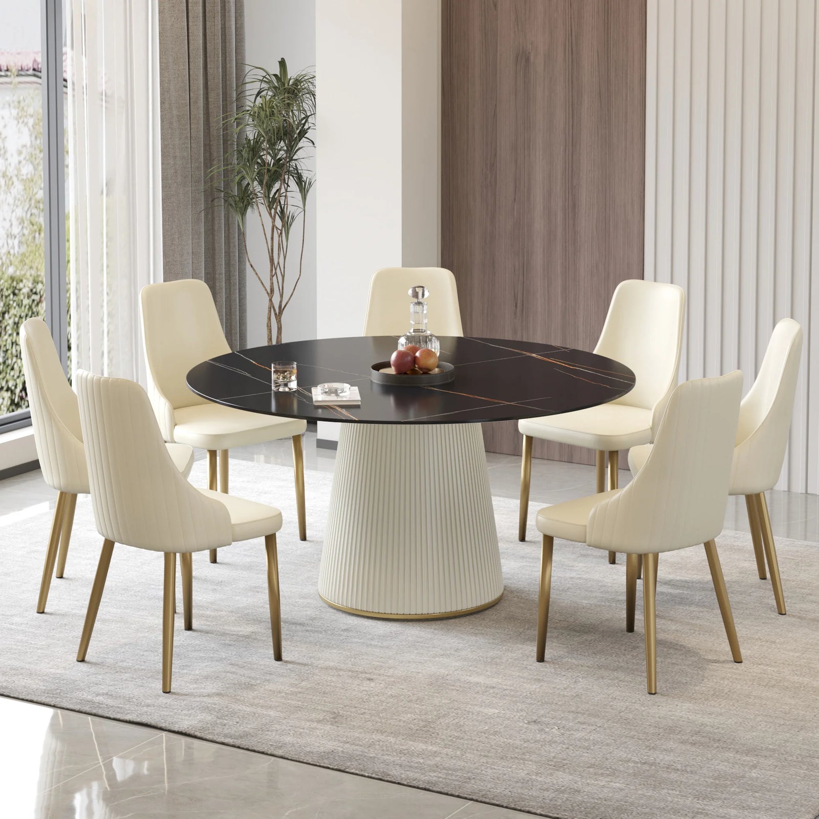 Mesa de comedor Marbella de piedra sinterizada | Redonda de 150 cm (59 pulgadas) en negro mate con base revestida de cuero