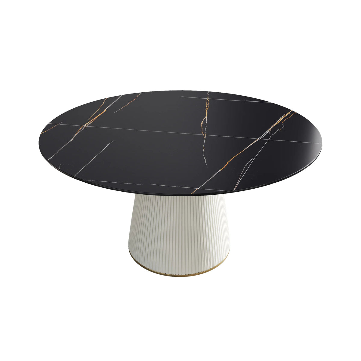 Mesa de comedor Marbella de piedra sinterizada | Redonda de 150 cm (59 pulgadas) en negro mate con base revestida de cuero