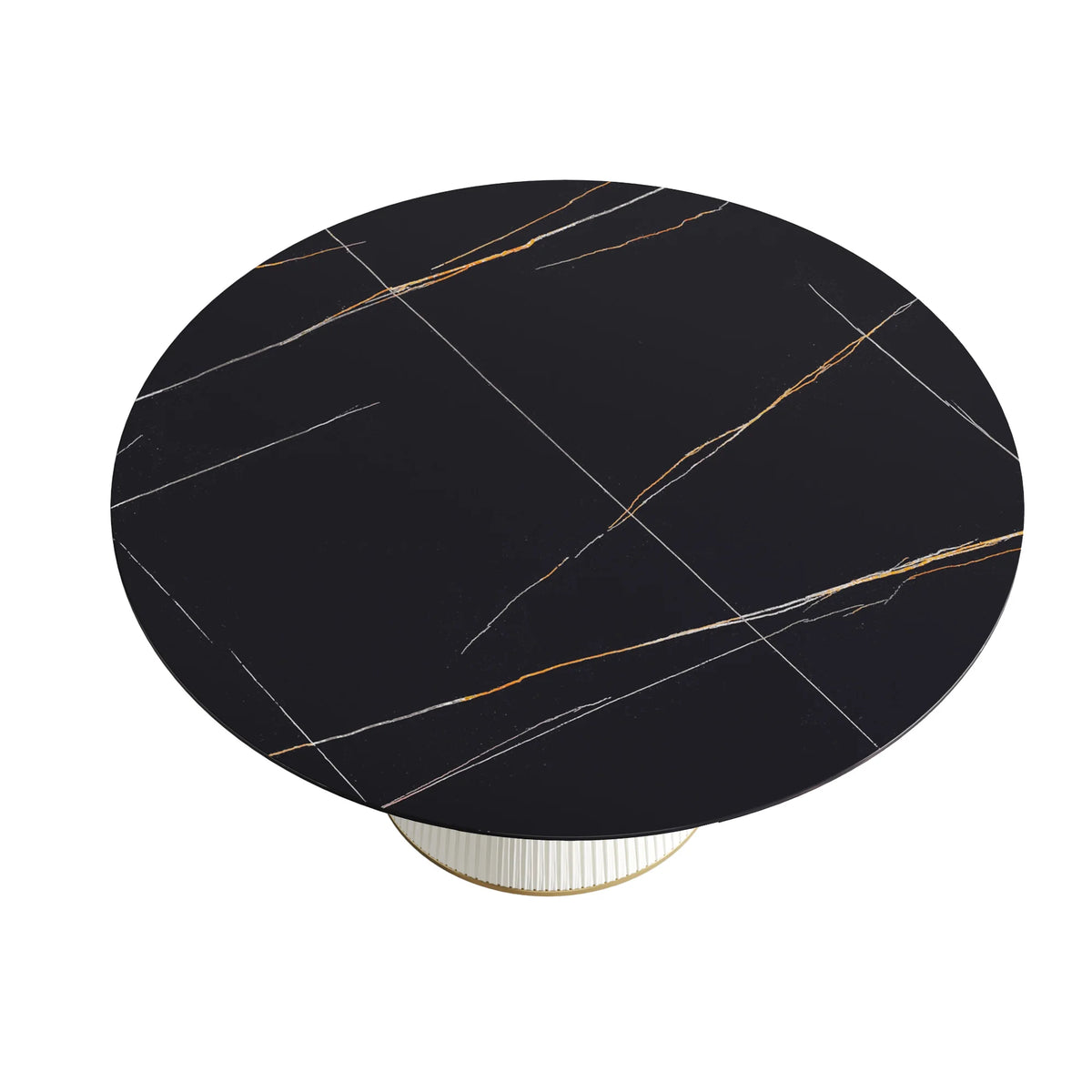 Mesa de comedor Marbella de piedra sinterizada | Redonda de 150 cm (59 pulgadas) en negro mate con base revestida de cuero