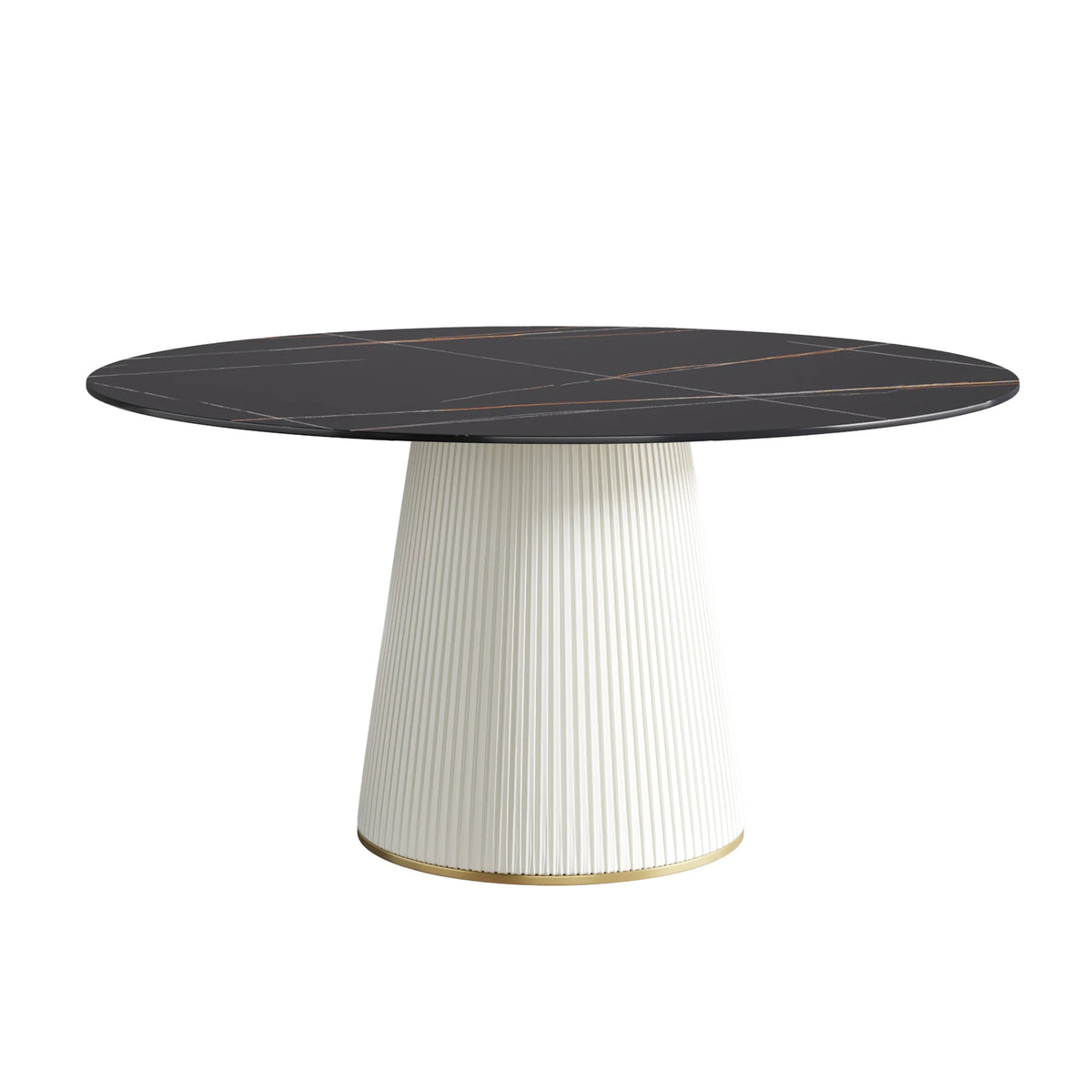 Mesa de comedor Marbella de piedra sinterizada | Redonda de 150 cm (59 pulgadas) en negro mate con base revestida de cuero