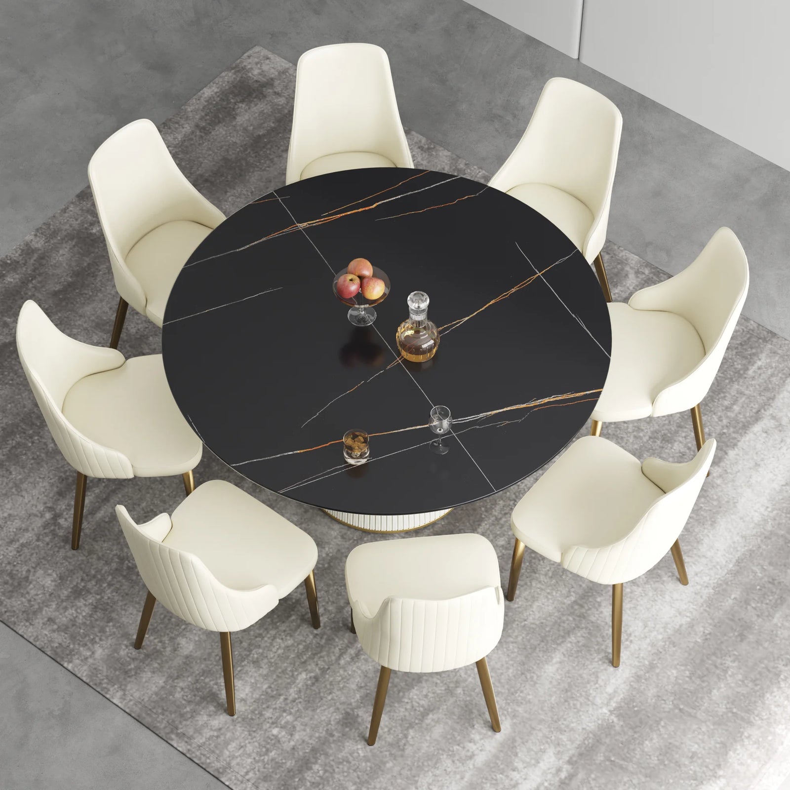 Mesa de comedor Marbella de piedra sinterizada | Redonda de 150 cm (59 pulgadas) en negro mate con base revestida de cuero
