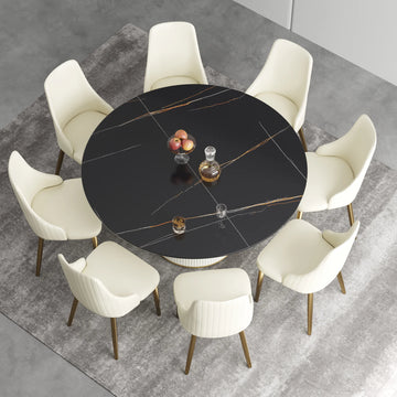 Mesa de comedor Marbella de piedra sinterizada | Redonda de 150 cm (59 pulgadas) en negro mate con base revestida de cuero