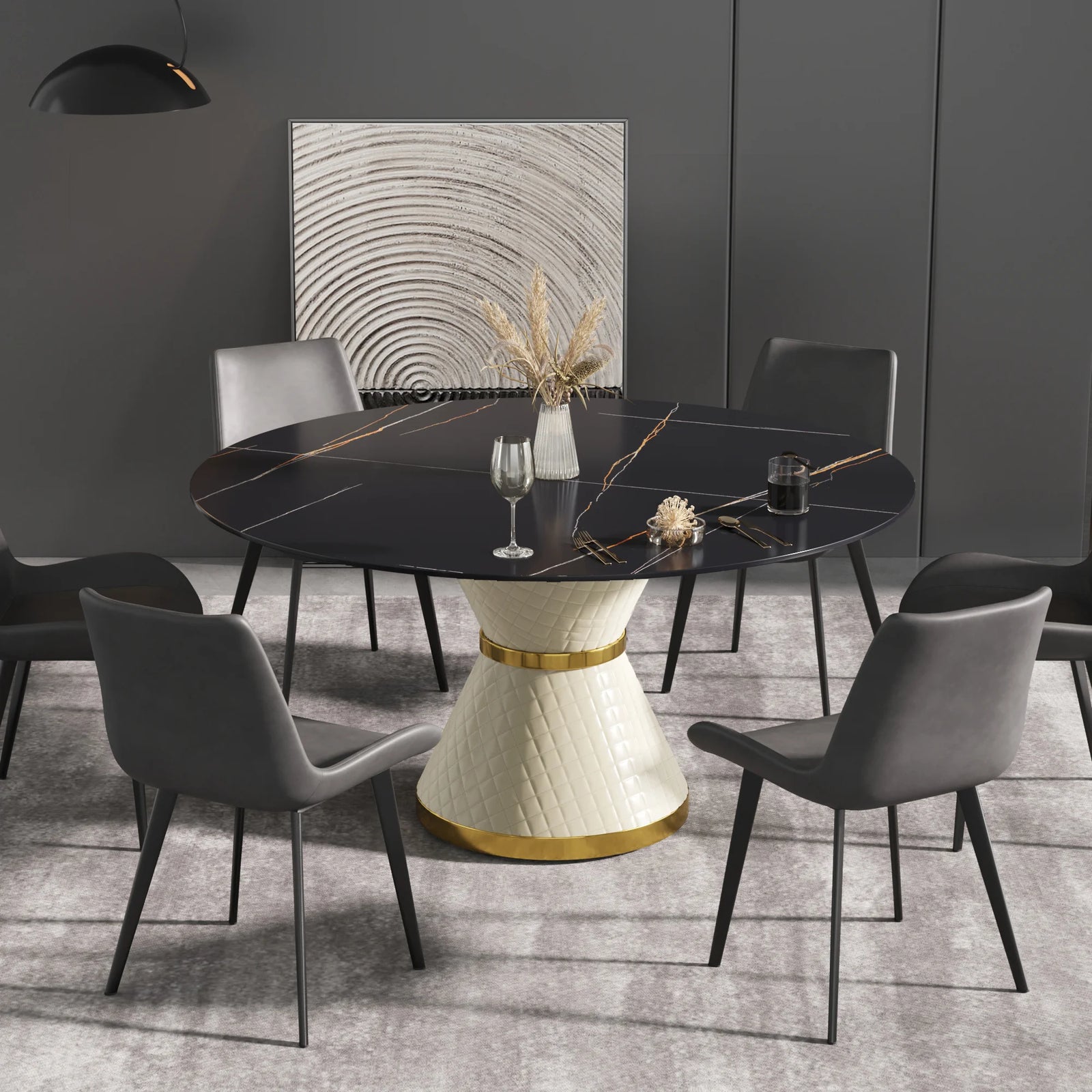 Mesa de comedor Marbella de piedra sinterizada | Redonda de 150 cm (59 pulgadas) en negro mate con base revestida de cuero