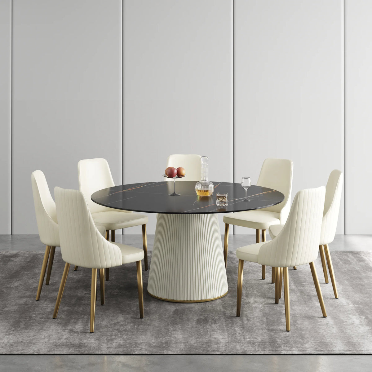Marbella Sintered Stone Dining Table | 59" Matte Black Round With Leather-Covered Base
