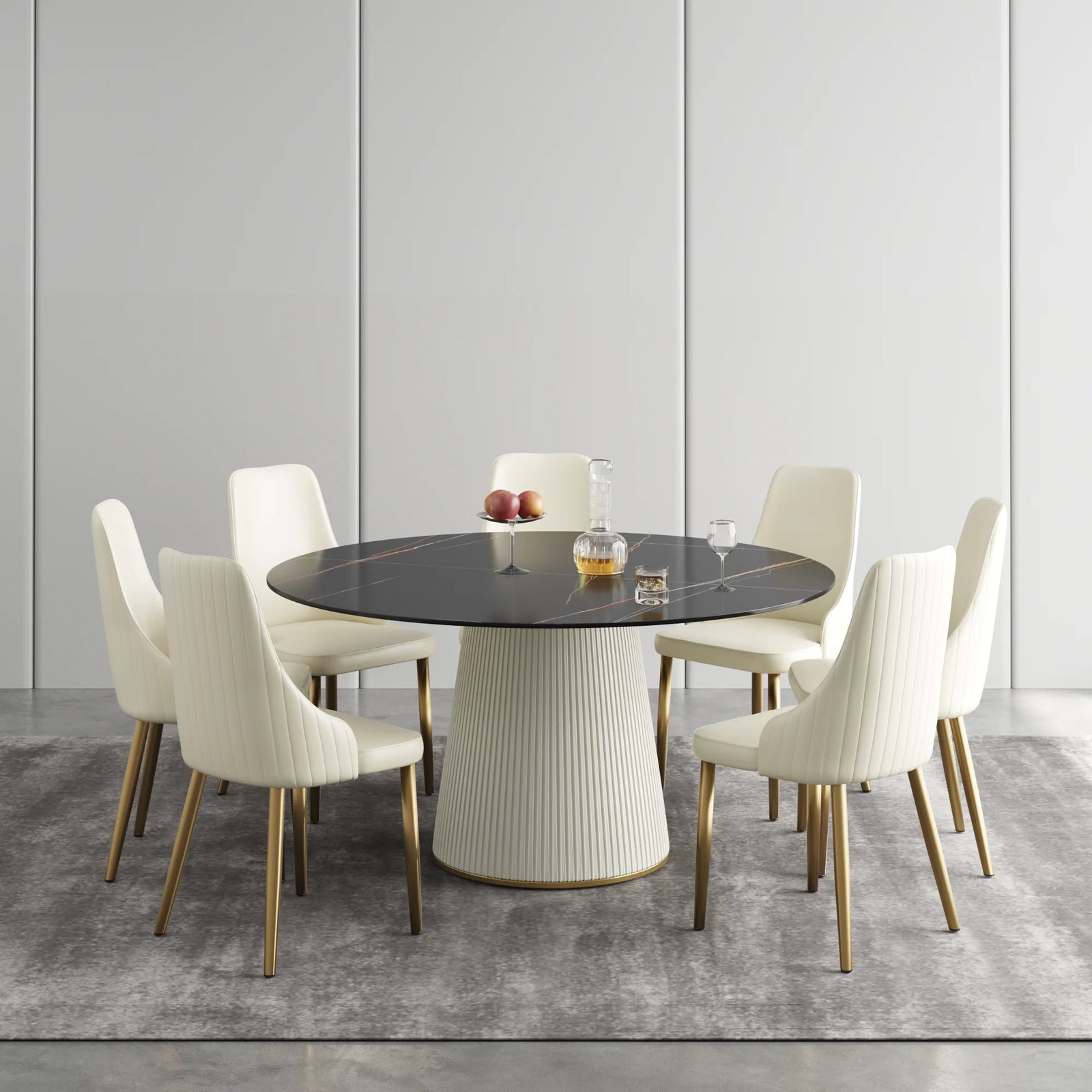 Mesa de comedor Marbella de piedra sinterizada | Redonda de 150 cm (59 pulgadas) en negro mate con base revestida de cuero