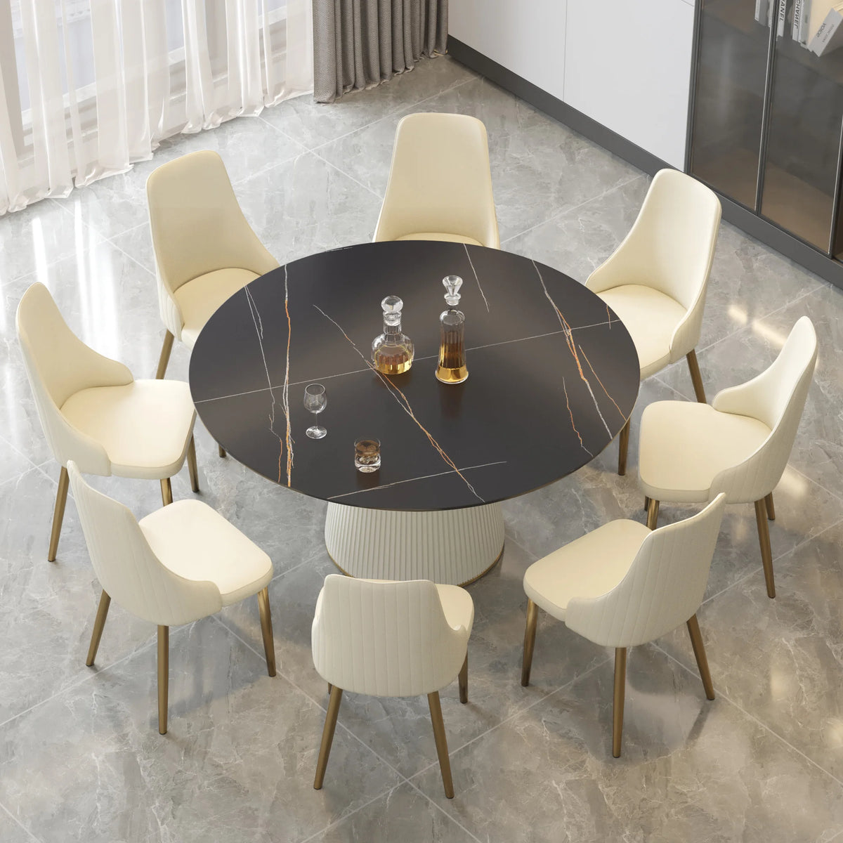 Mesa de comedor Marbella de piedra sinterizada | Redonda de 150 cm (59 pulgadas) en negro mate con base revestida de cuero