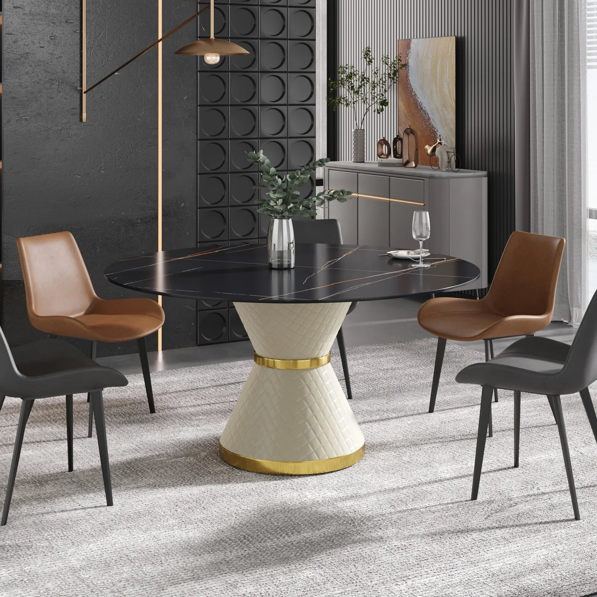 Marbella Sintered Stone Dining Table | 59" Matte Black Round With Leather-Covered Base