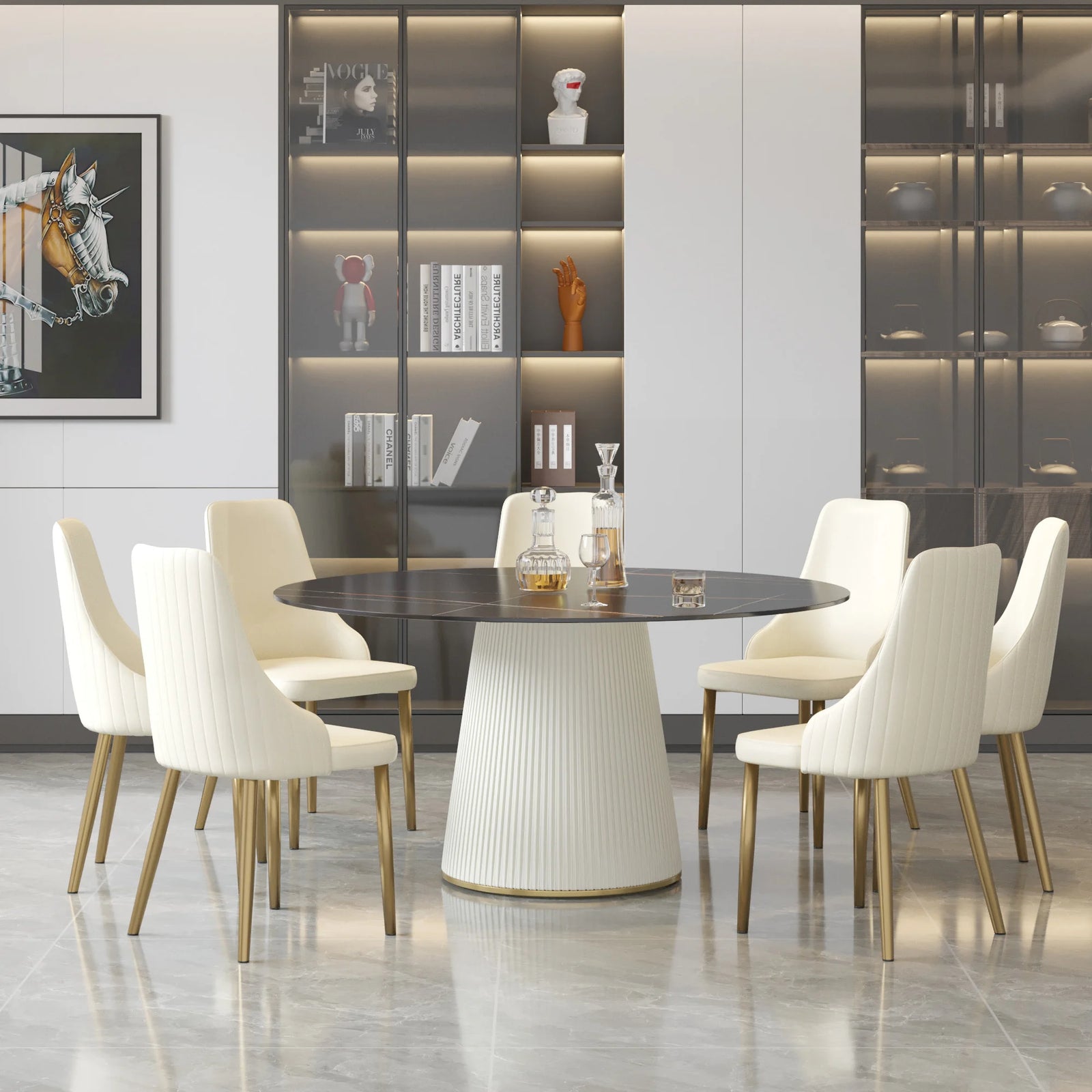 Mesa de comedor Marbella de piedra sinterizada | Redonda de 150 cm (59 pulgadas) en negro mate con base revestida de cuero