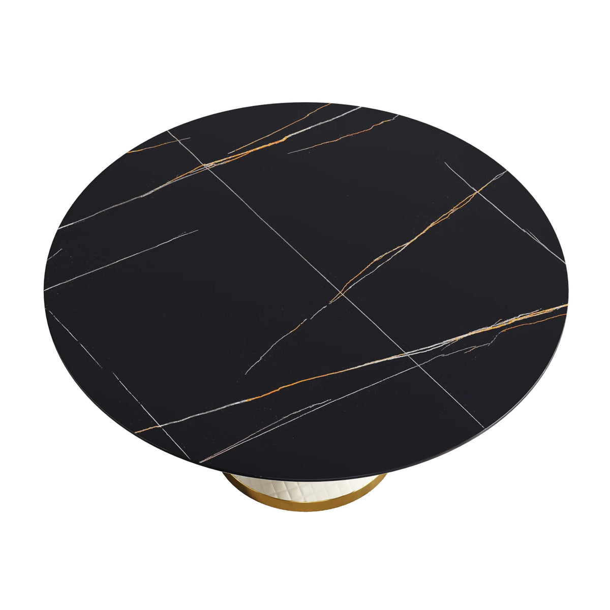 Mesa de comedor Marbella de piedra sinterizada | Redonda de 150 cm (59 pulgadas) en negro mate con base revestida de cuero