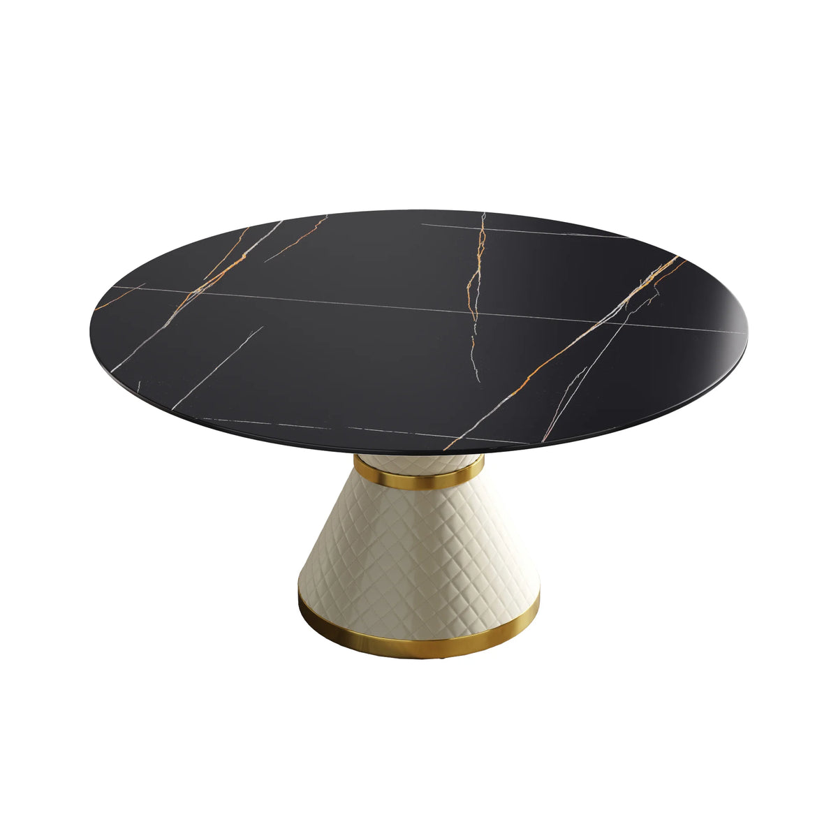 Mesa de comedor Marbella de piedra sinterizada | Redonda de 150 cm (59 pulgadas) en negro mate con base revestida de cuero