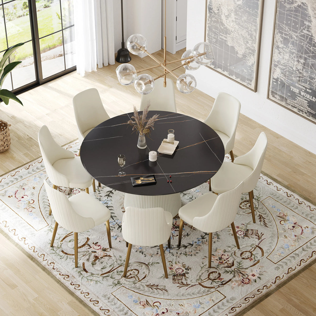 Mesa de comedor Marbella de piedra sinterizada | Redonda de 150 cm (59 pulgadas) en negro mate con base revestida de cuero