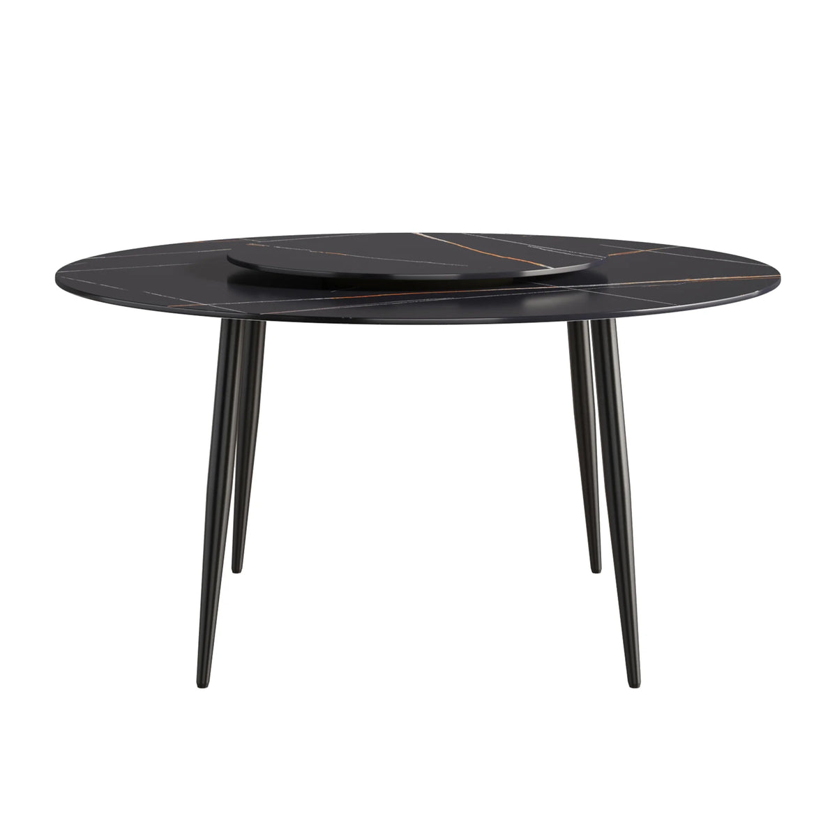 Mesa de comedor Marbella de piedra sinterizada | Redonda de 150 cm (59") en negro mate con base de metal y bandeja giratoria