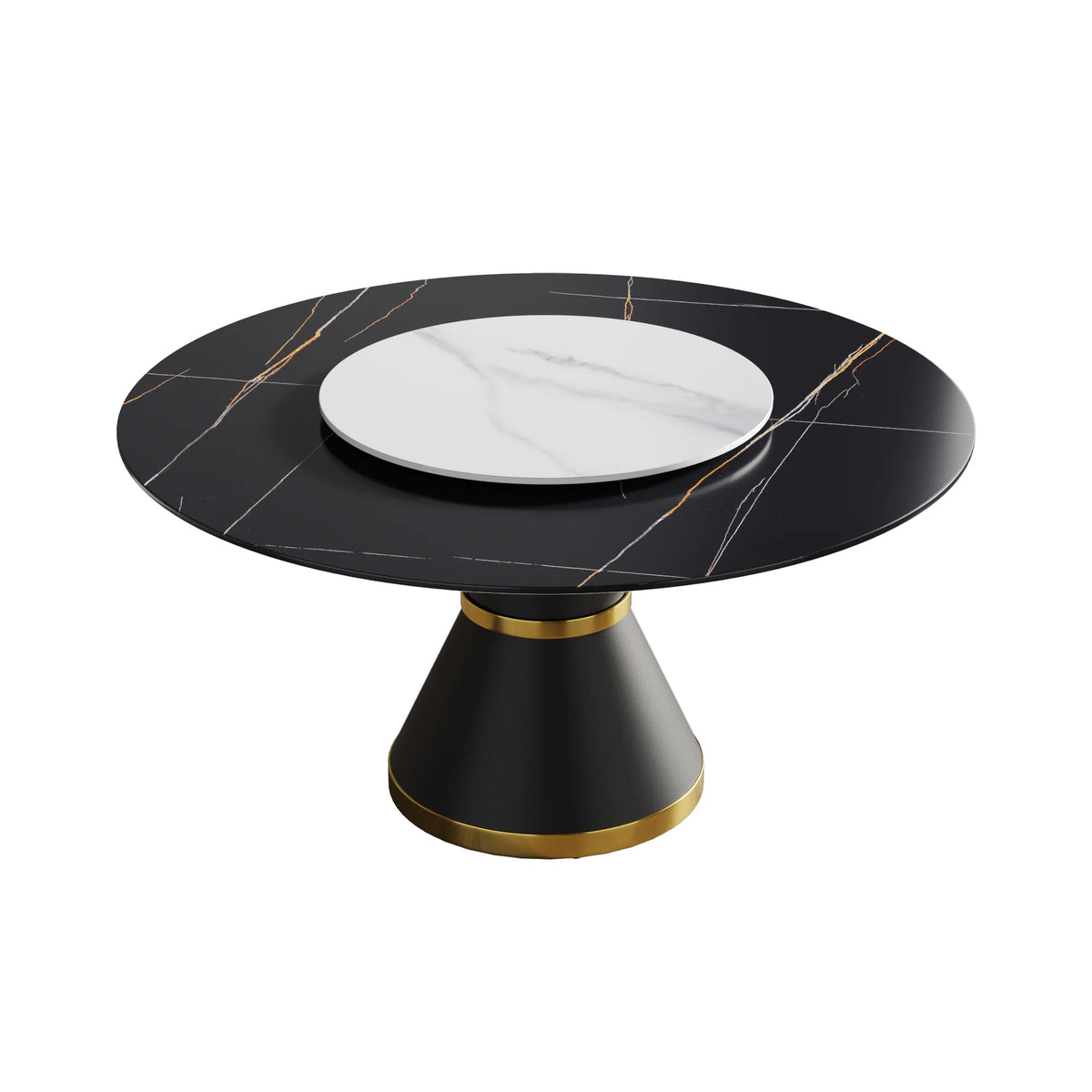 Mesa de comedor Marbella de piedra sinterizada | Redonda de 150 cm (59") en negro mate con base de metal y bandeja giratoria