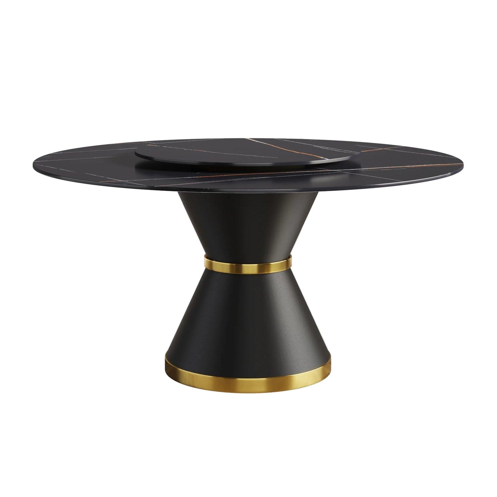 Mesa de comedor Marbella de piedra sinterizada | Redonda de 150 cm (59") en negro mate con base de metal y bandeja giratoria