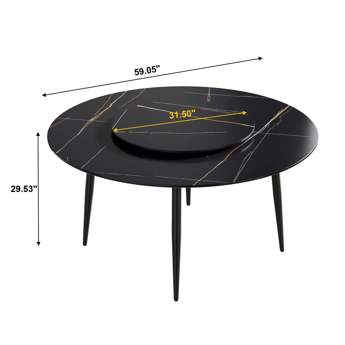 Marbella Sintered Stone Dining Table | 59" Matte Black Round With Metal Base & Lazy Susan