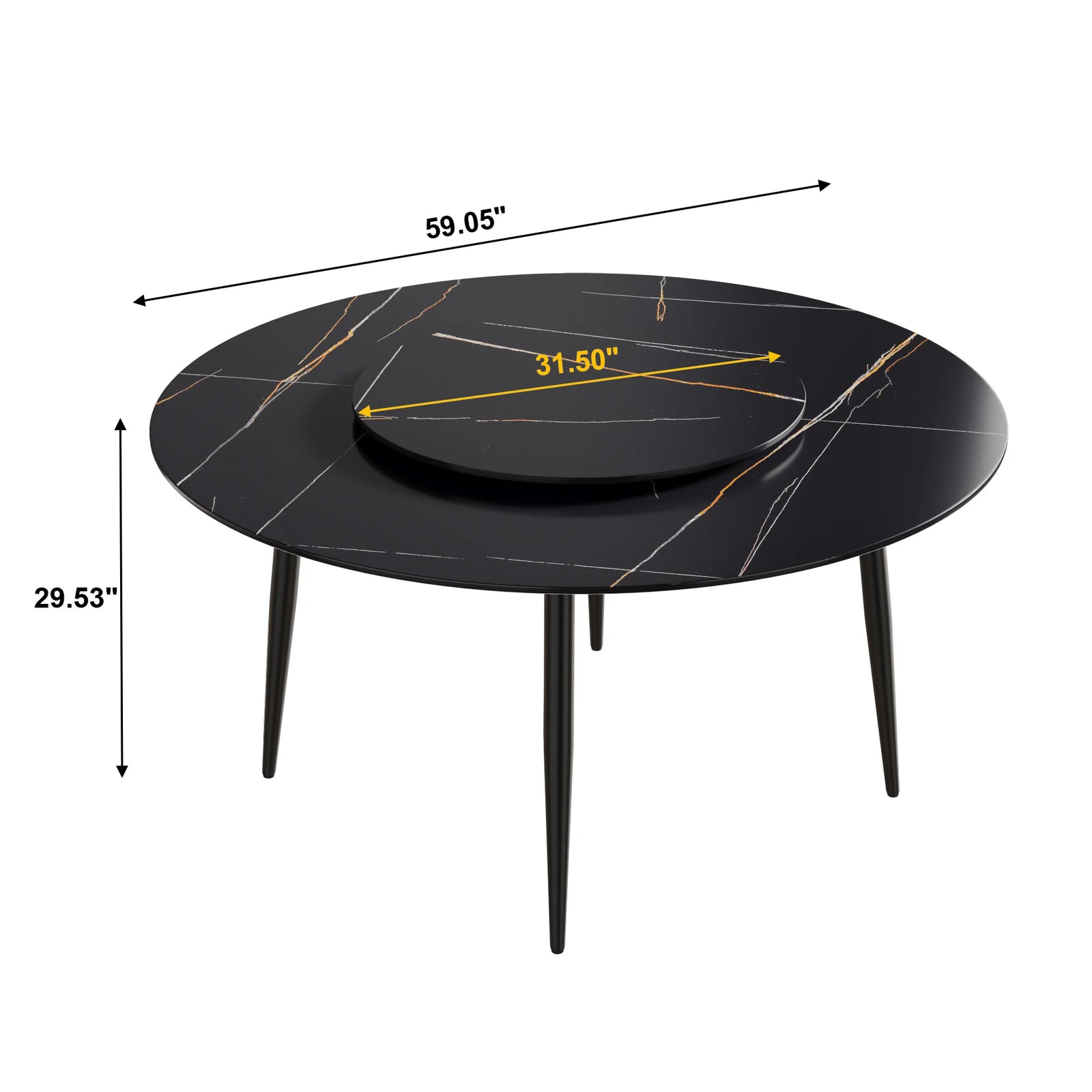 Mesa de comedor Marbella de piedra sinterizada | Redonda de 150 cm (59") en negro mate con base de metal y bandeja giratoria