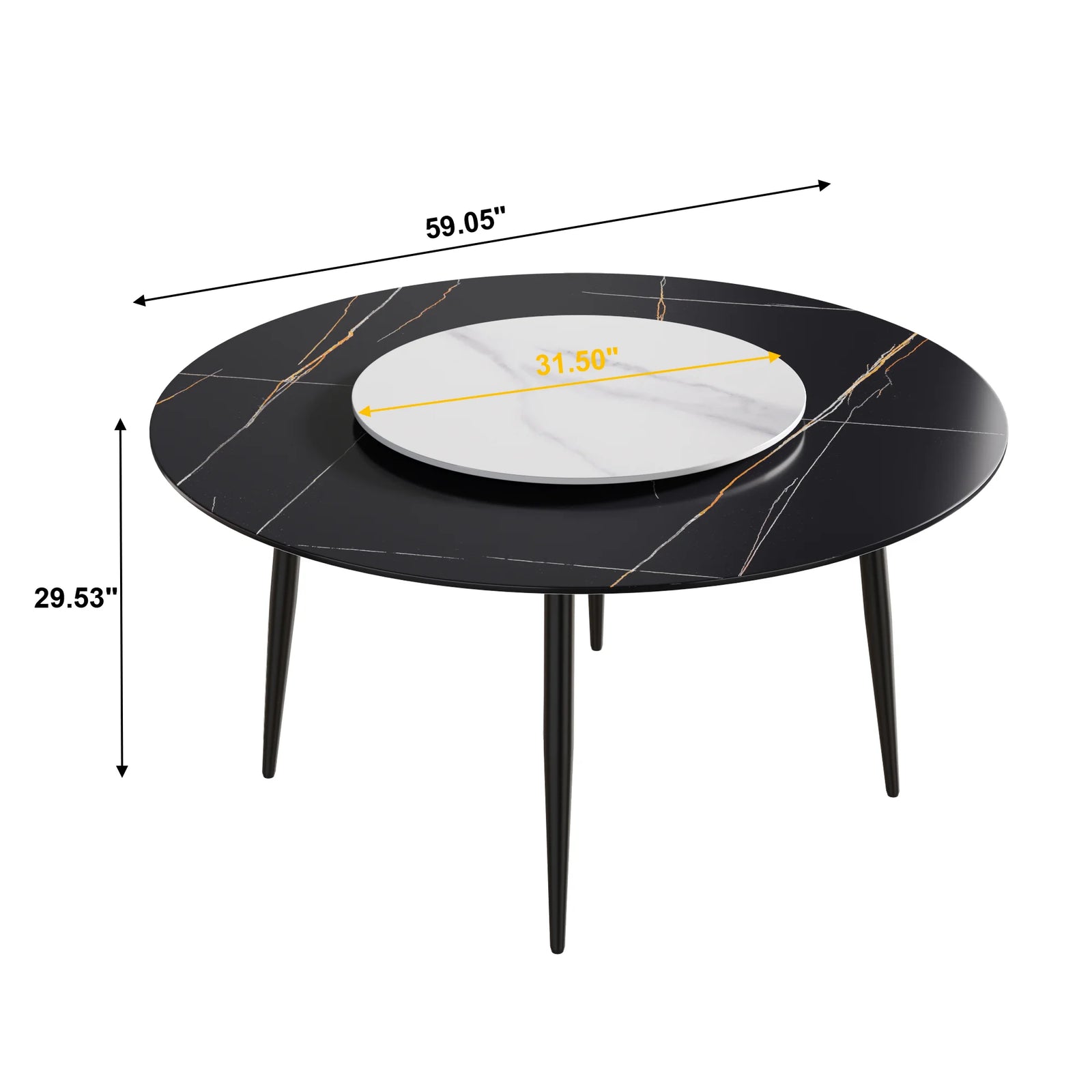 Mesa de comedor Marbella de piedra sinterizada | Redonda de 150 cm (59") en negro mate con base de metal y bandeja giratoria