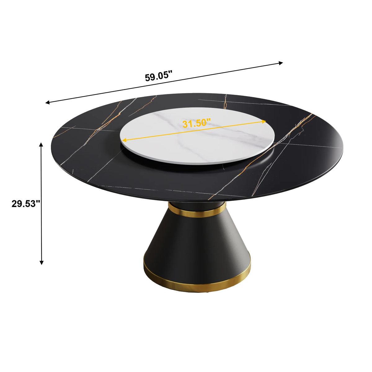 Mesa de comedor Marbella de piedra sinterizada | Redonda de 150 cm (59") en negro mate con base de metal y bandeja giratoria