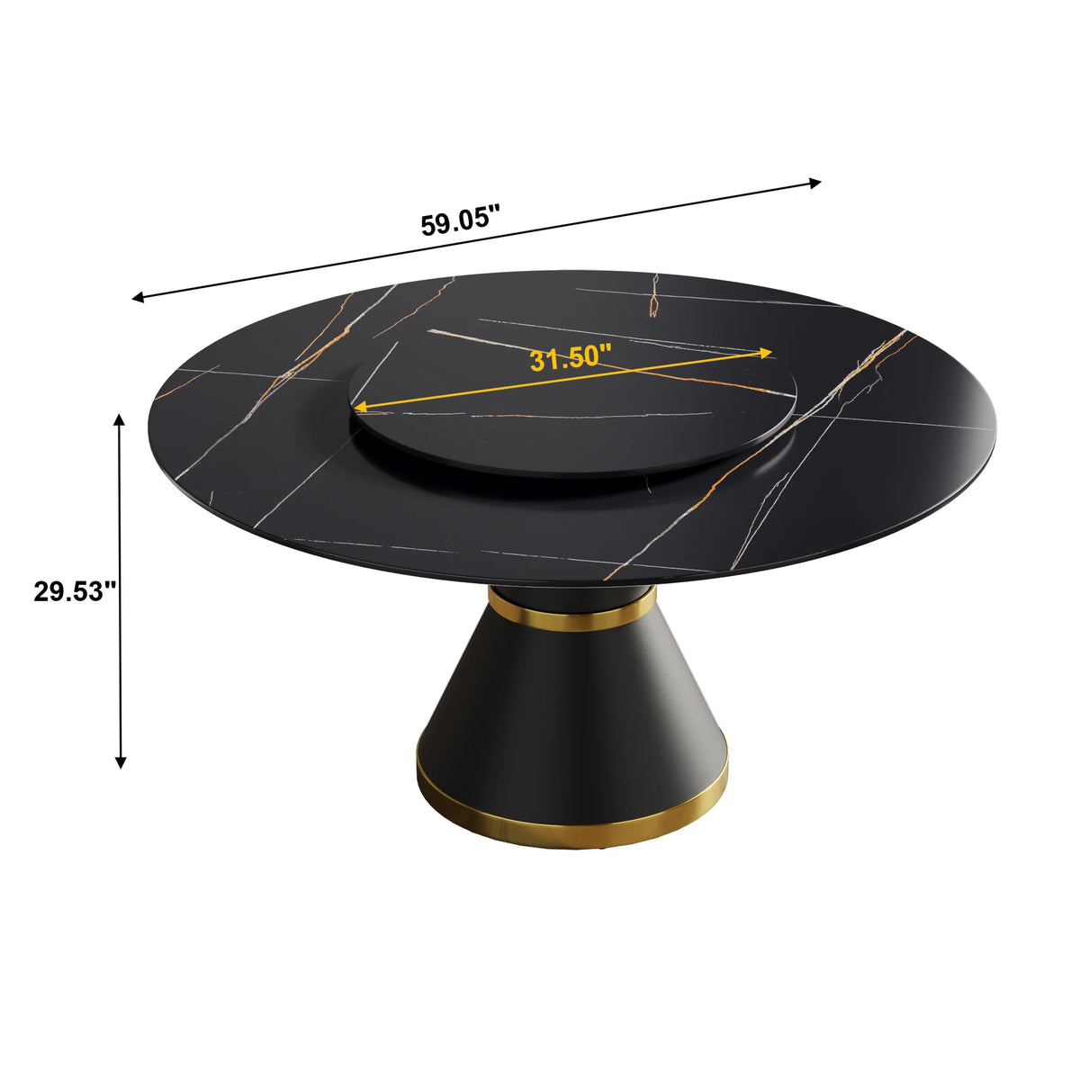 Mesa de comedor Marbella de piedra sinterizada | Redonda de 150 cm (59") en negro mate con base de metal y bandeja giratoria