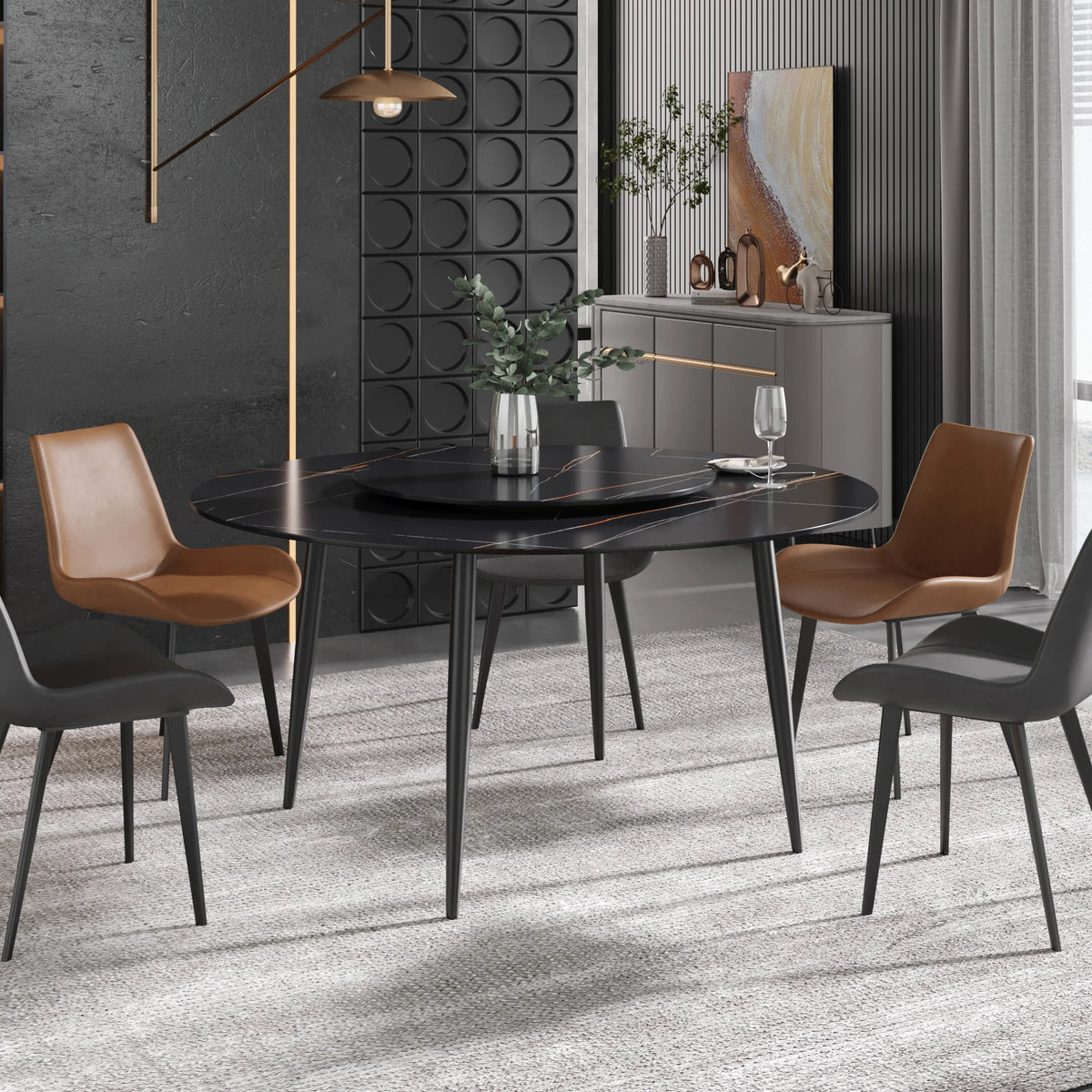 Mesa de comedor Marbella de piedra sinterizada | Redonda de 150 cm (59") en negro mate con base de metal y bandeja giratoria