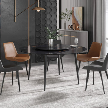 Mesa de comedor Marbella de piedra sinterizada | Redonda de 150 cm (59") en negro mate con base de metal y bandeja giratoria