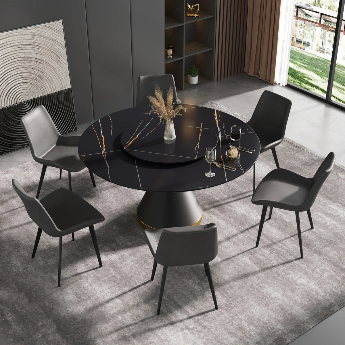 Marbella Sintered Stone Dining Table | 59" Matte Black Round With Metal Base & Lazy Susan