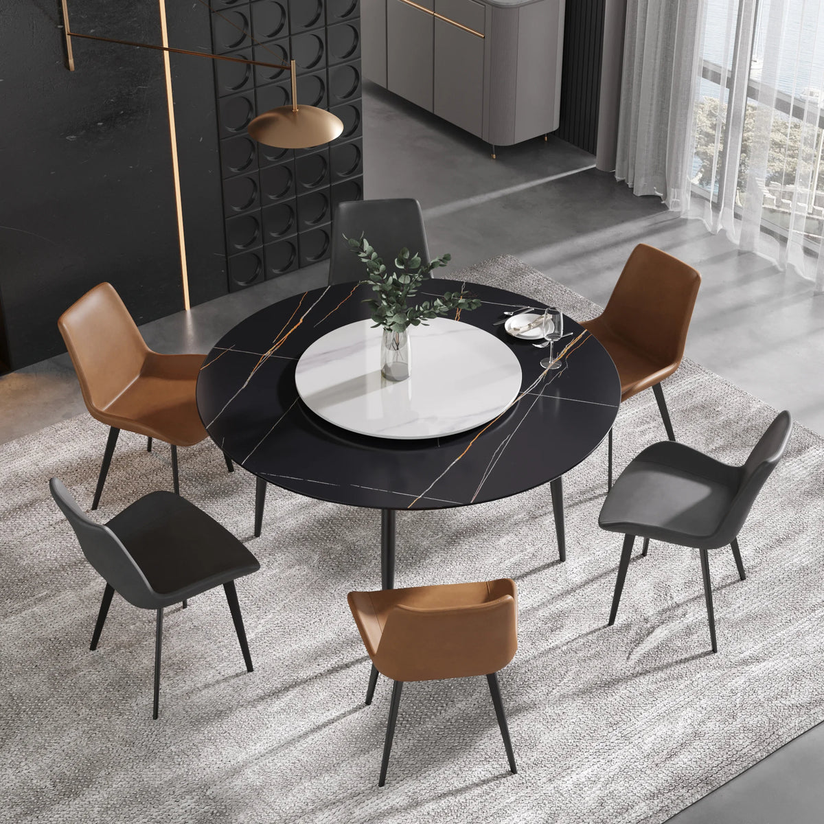 Mesa de comedor Marbella de piedra sinterizada | Redonda de 150 cm (59") en negro mate con base de metal y bandeja giratoria