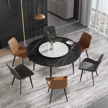 Mesa de comedor Marbella de piedra sinterizada | Redonda de 150 cm (59") en negro mate con base de metal y bandeja giratoria