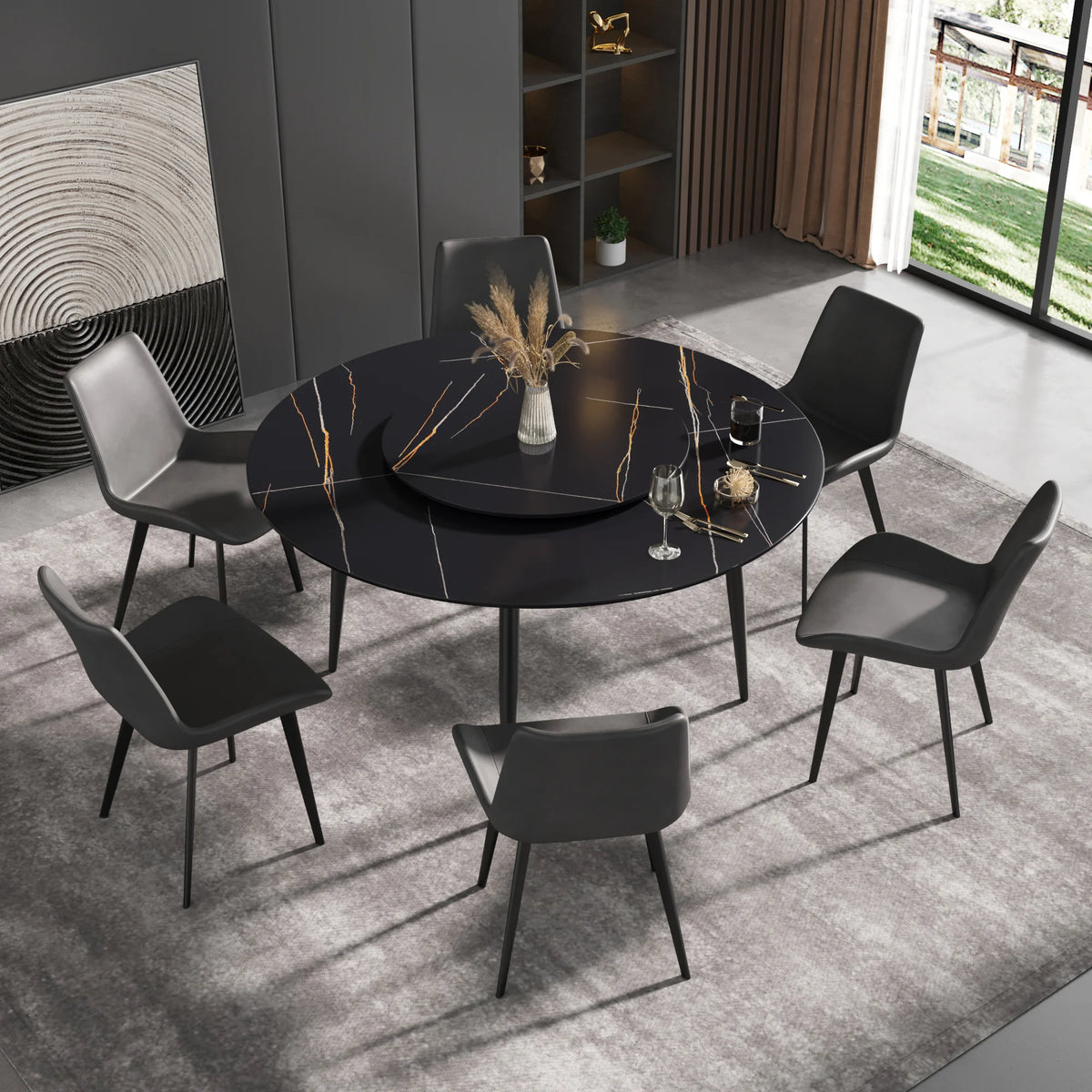 Mesa de comedor Marbella de piedra sinterizada | Redonda de 150 cm (59") en negro mate con base de metal y bandeja giratoria