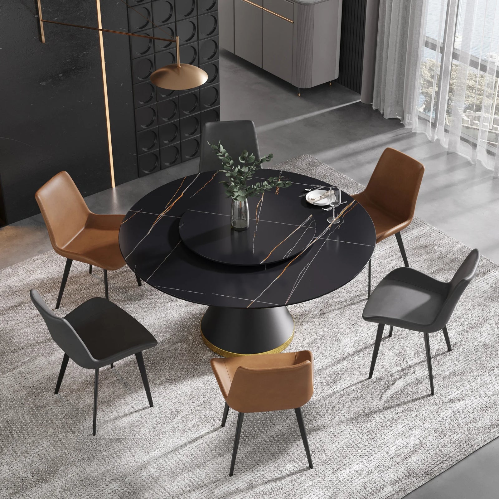 Mesa de comedor Marbella de piedra sinterizada | Redonda de 150 cm (59") en negro mate con base de metal y bandeja giratoria