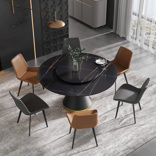 Marbella Sintered Stone Dining Table | 59" Matte Black Round With Metal Base & Lazy Susan