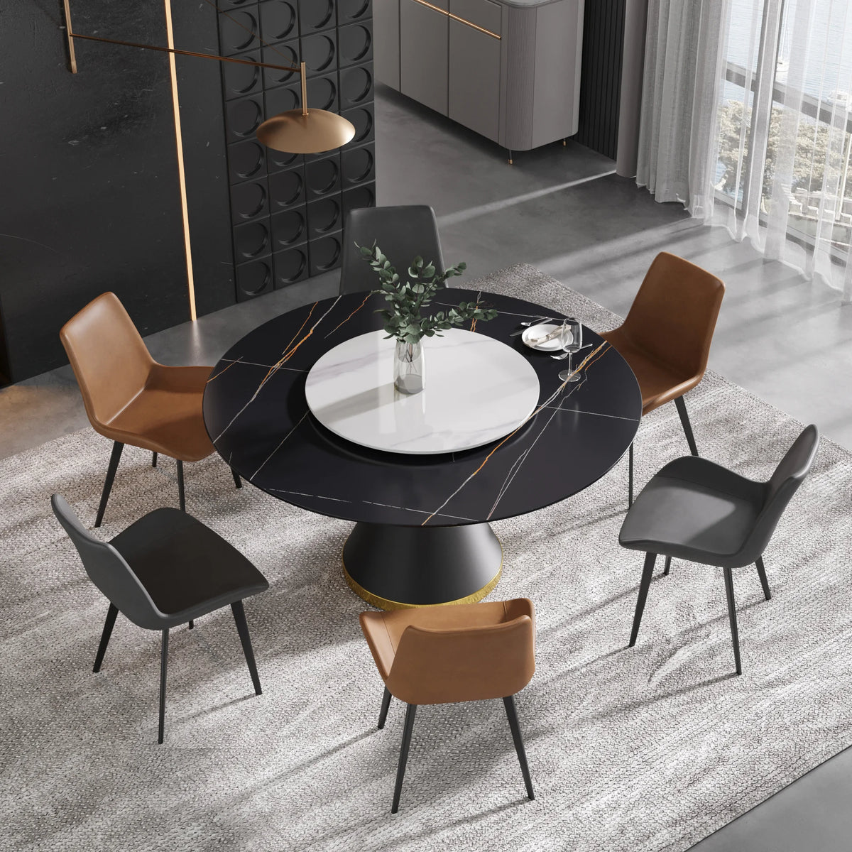 Mesa de comedor Marbella de piedra sinterizada | Redonda de 150 cm (59") en negro mate con base de metal y bandeja giratoria