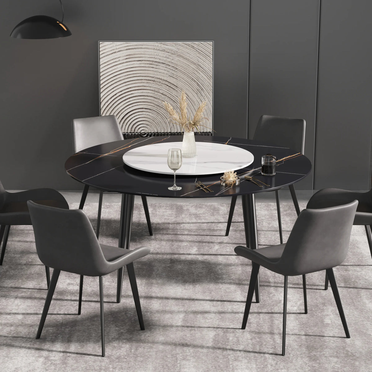 Mesa de comedor Marbella de piedra sinterizada | Redonda de 150 cm (59") en negro mate con base de metal y bandeja giratoria
