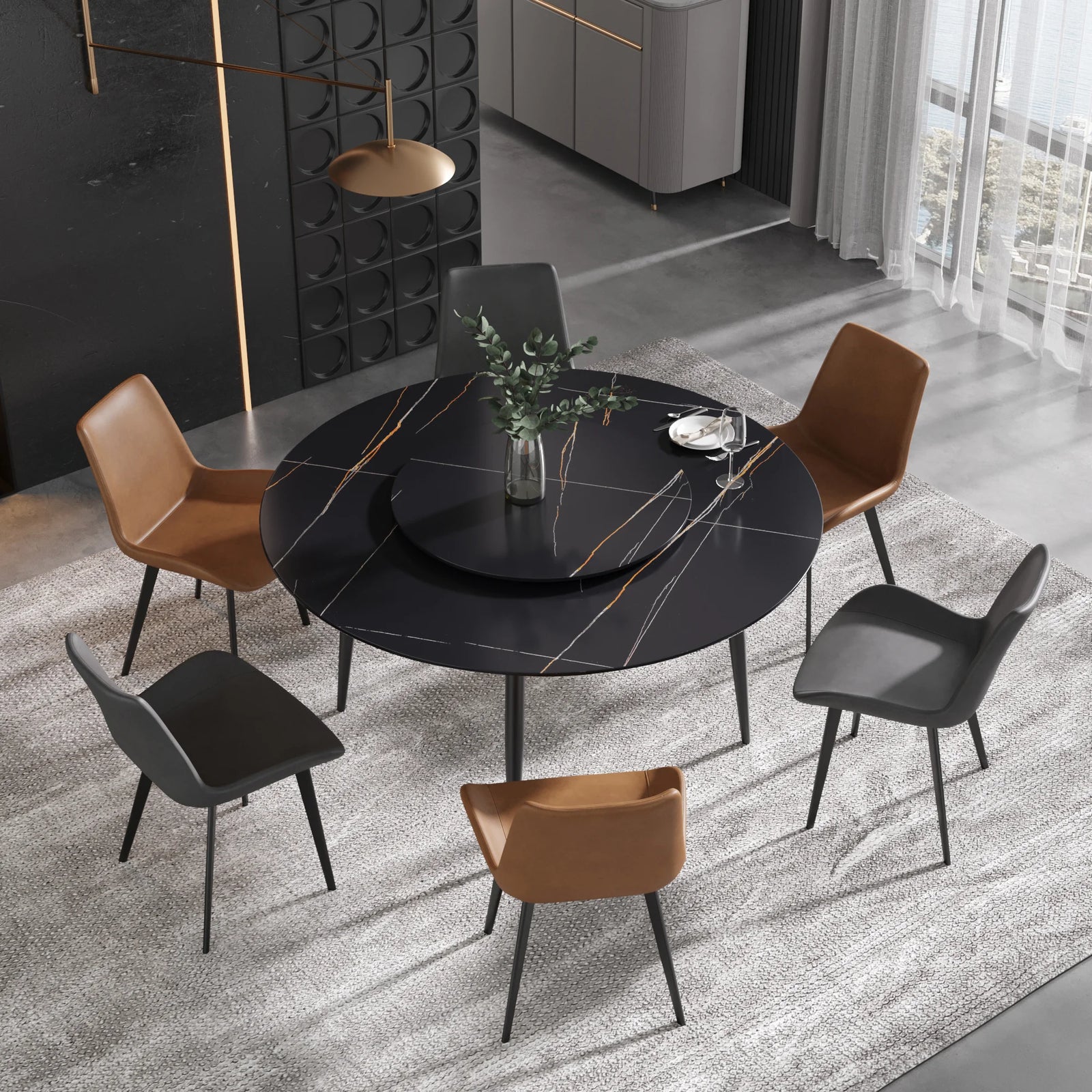 Mesa de comedor Marbella de piedra sinterizada | Redonda de 150 cm (59") en negro mate con base de metal y bandeja giratoria