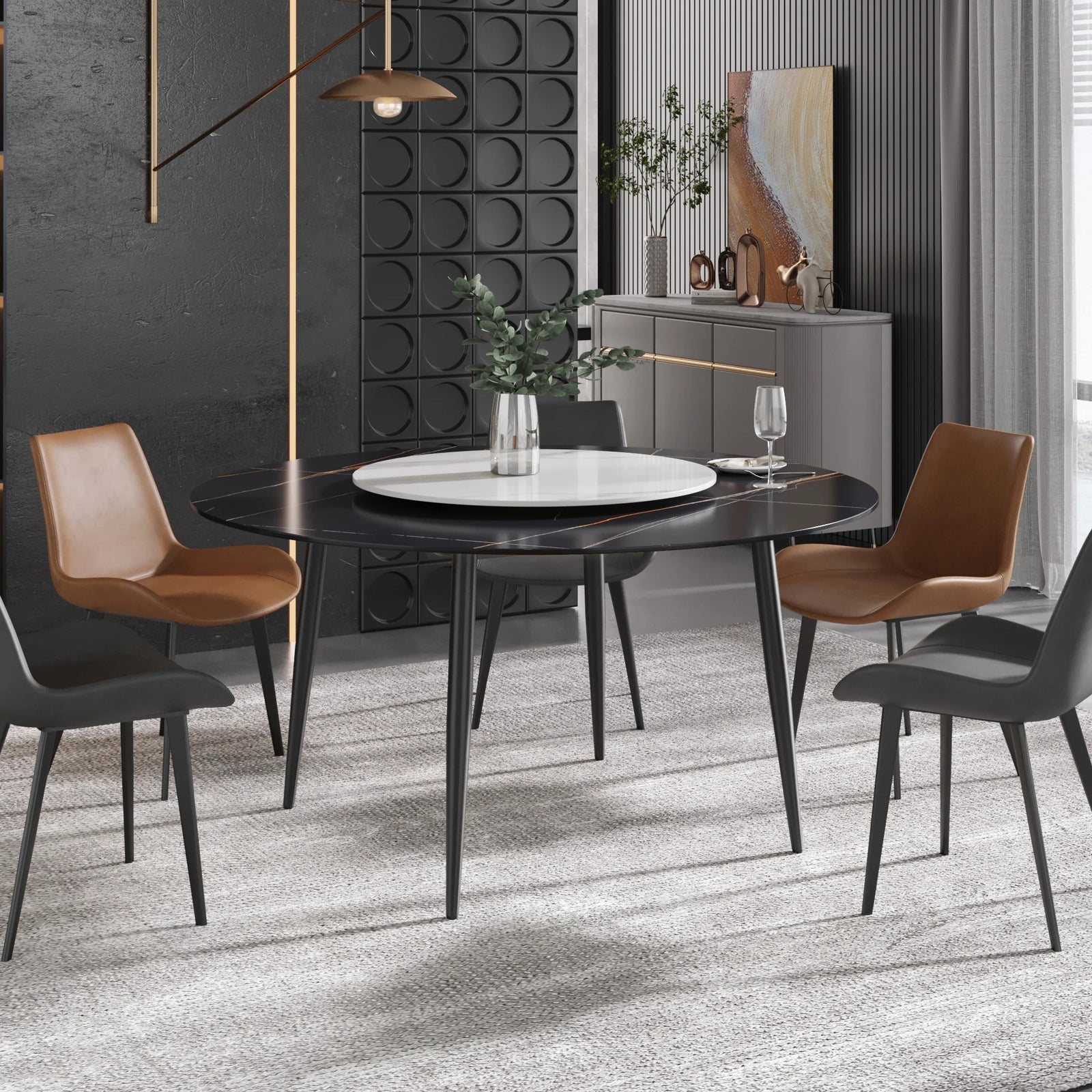 Mesa de comedor Marbella de piedra sinterizada | Redonda de 150 cm (59") en negro mate con base de metal y bandeja giratoria