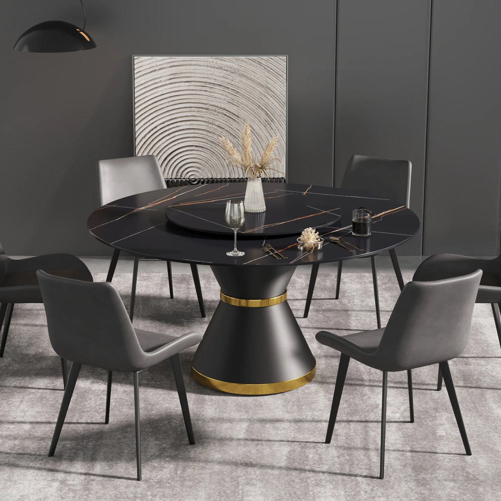 Mesa de comedor Marbella de piedra sinterizada | Redonda de 150 cm (59") en negro mate con base de metal y bandeja giratoria