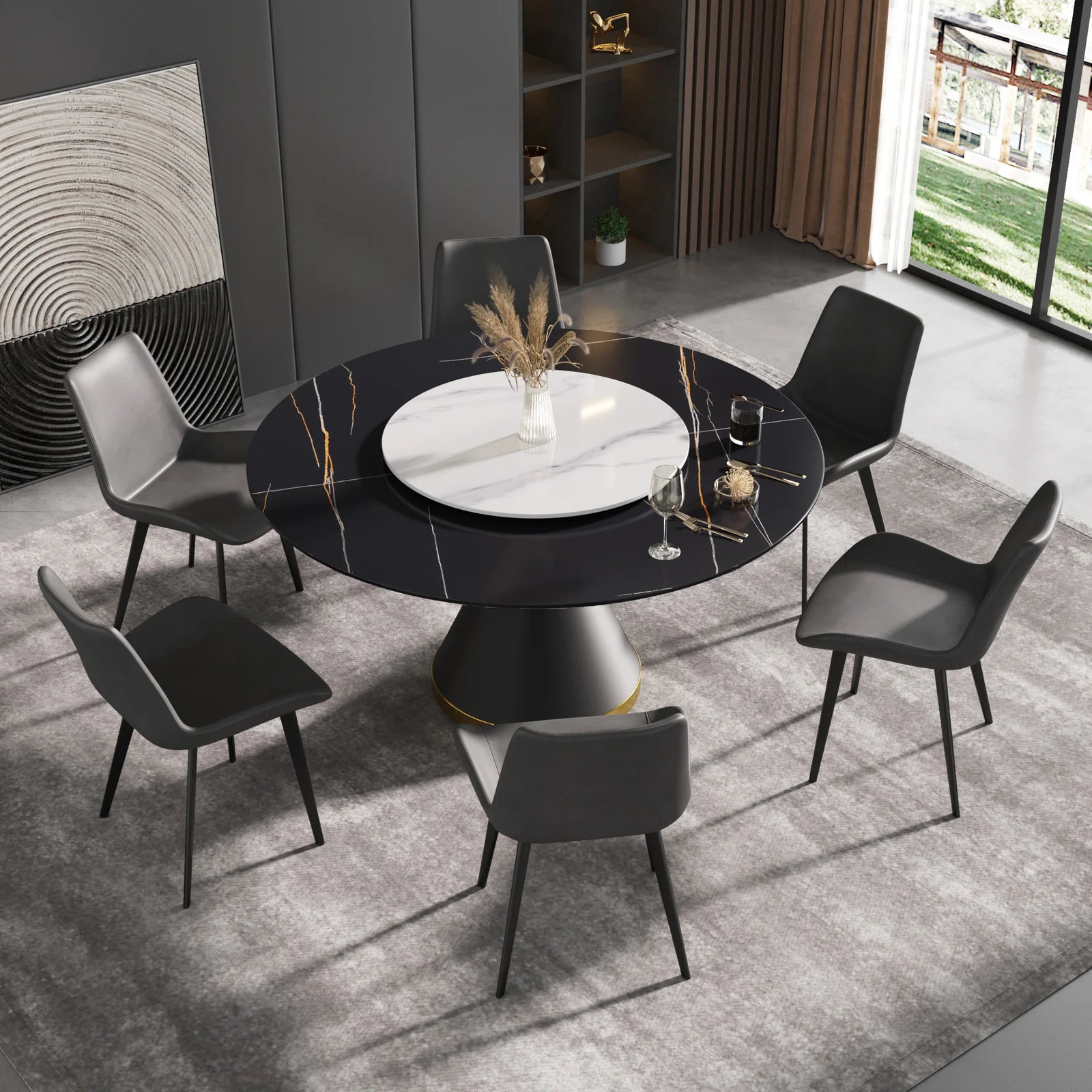 Mesa de comedor Marbella de piedra sinterizada | Redonda de 150 cm (59") en negro mate con base de metal y bandeja giratoria