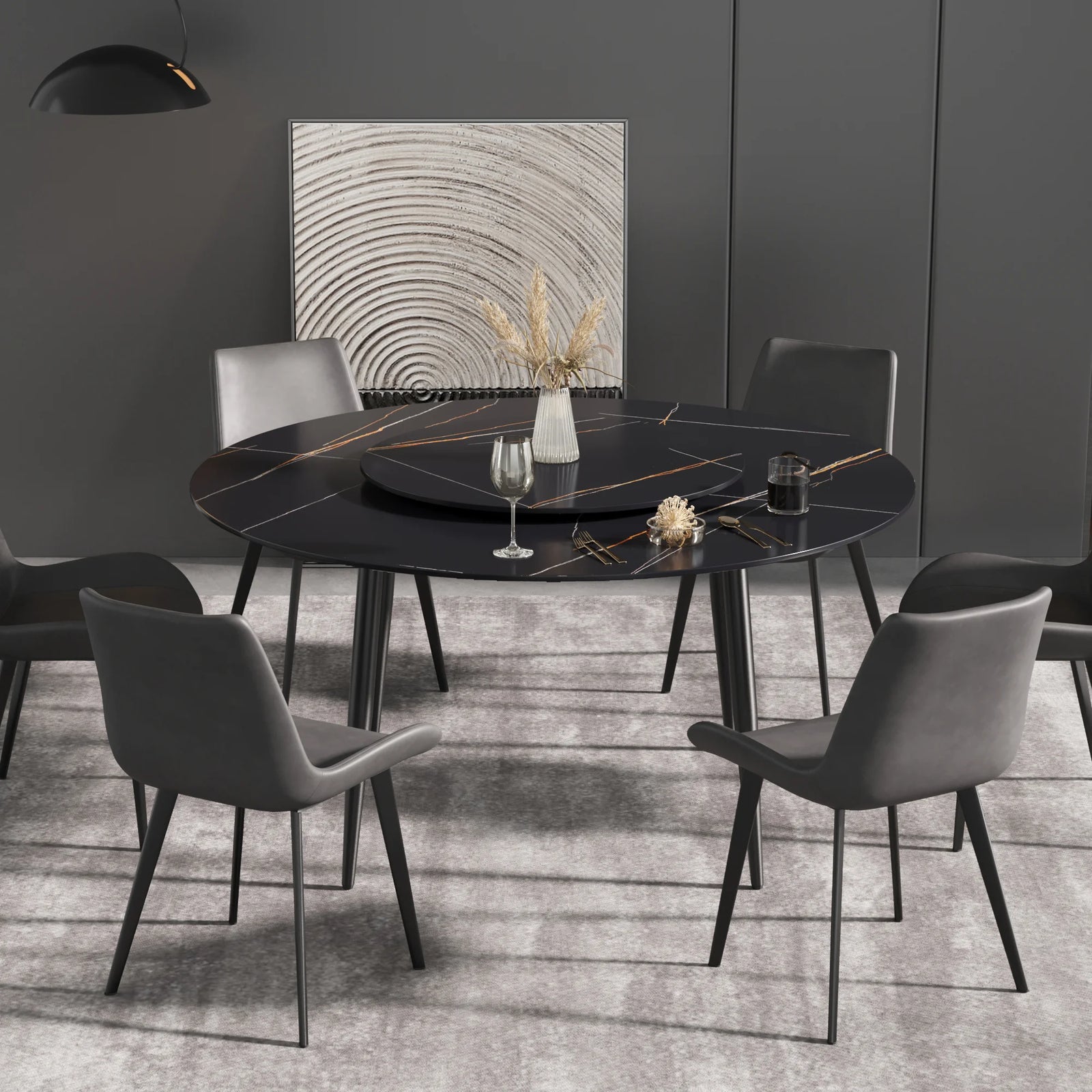 Mesa de comedor Marbella de piedra sinterizada | Redonda de 150 cm (59") en negro mate con base de metal y bandeja giratoria