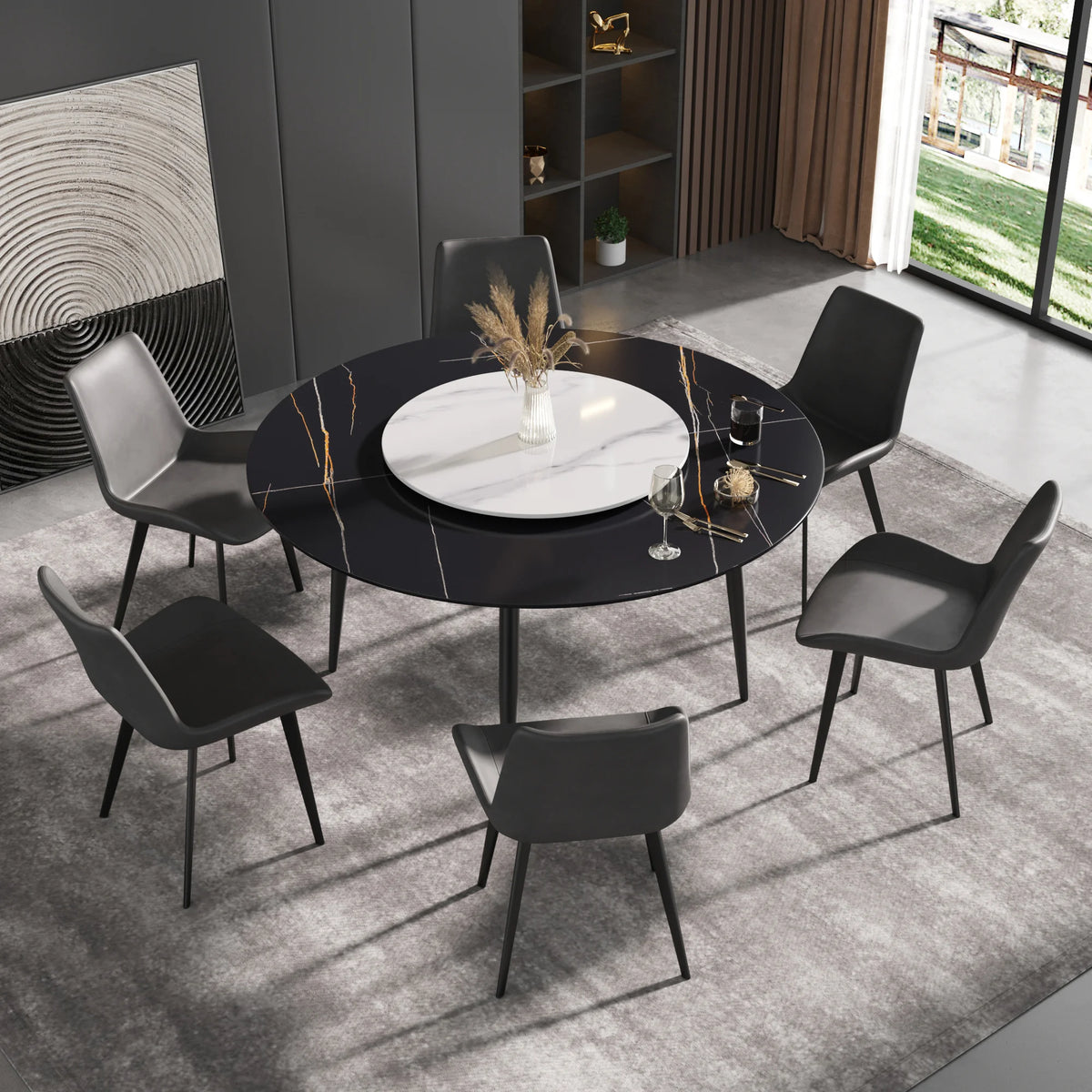 Marbella Sintered Stone Dining Table | 59" Matte Black Round With Metal Base & Lazy Susan