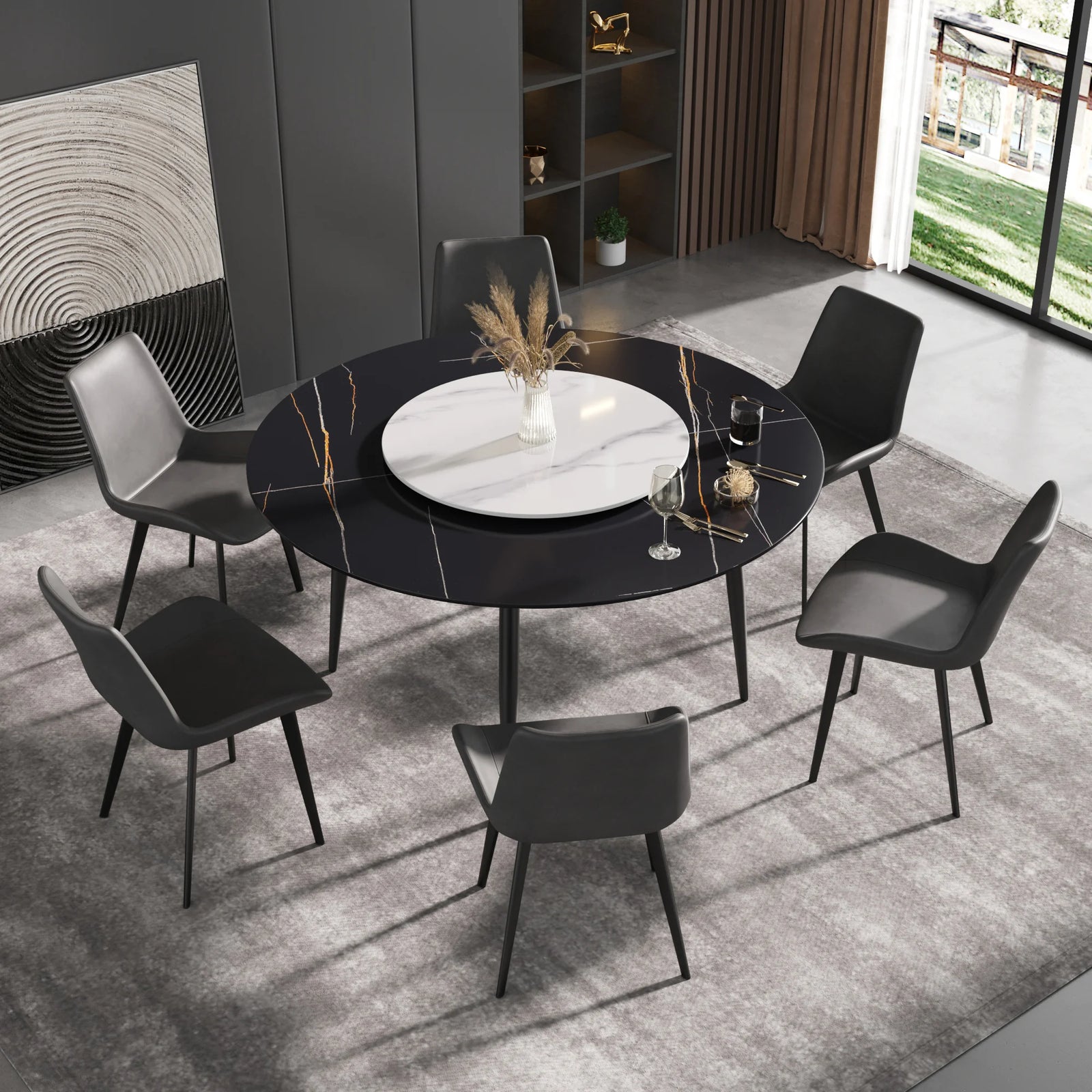 Mesa de comedor Marbella de piedra sinterizada | Redonda de 150 cm (59") en negro mate con base de metal y bandeja giratoria