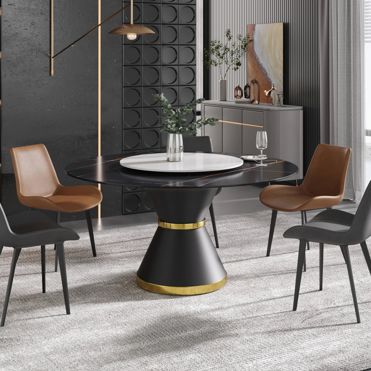 Mesa de comedor Marbella de piedra sinterizada | Redonda de 150 cm (59") en negro mate con base de metal y bandeja giratoria