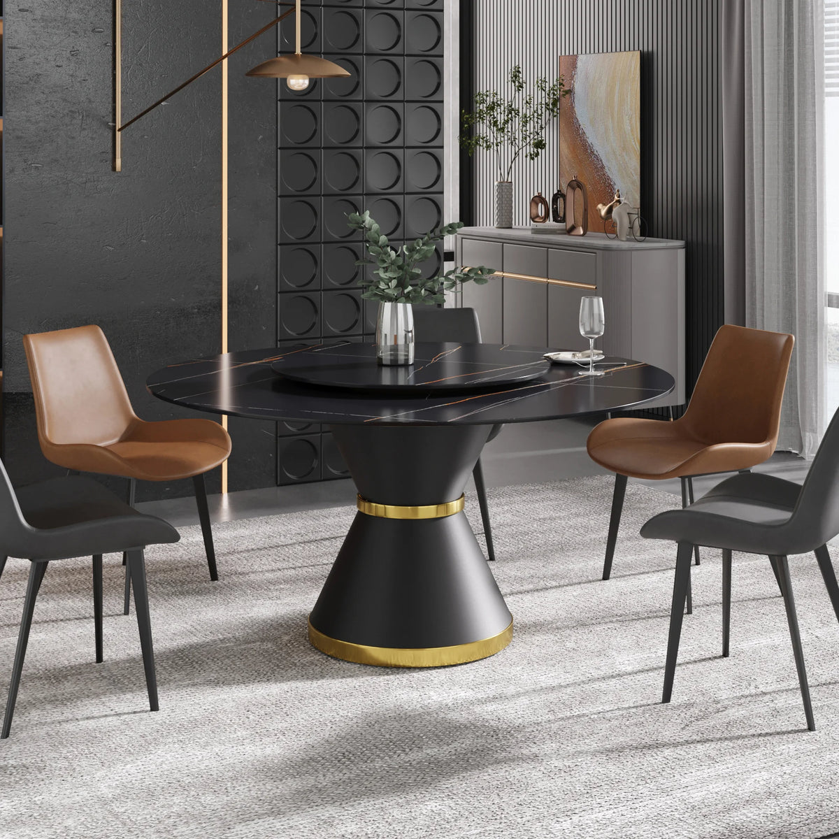 Mesa de comedor Marbella de piedra sinterizada | Redonda de 150 cm (59") en negro mate con base de metal y bandeja giratoria