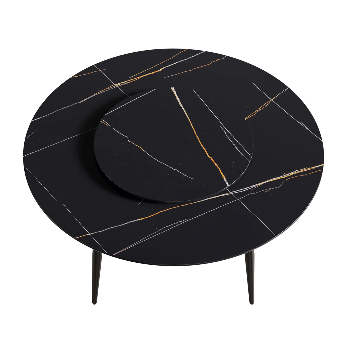 Mesa de comedor Marbella de piedra sinterizada | Redonda de 150 cm (59") en negro mate con base de metal y bandeja giratoria