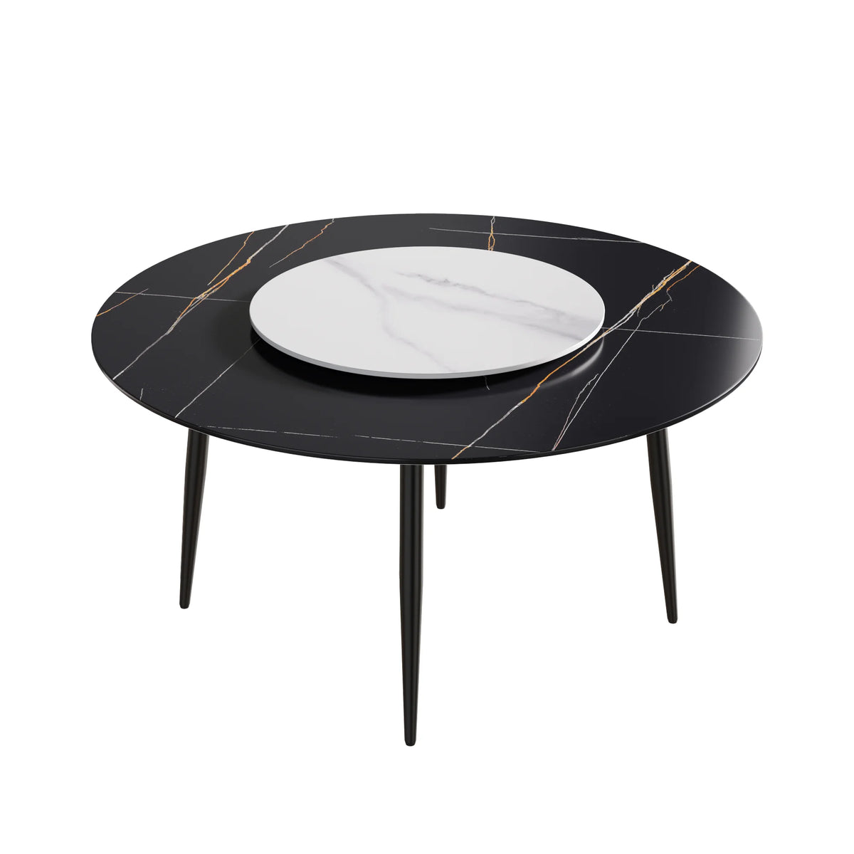 Mesa de comedor Marbella de piedra sinterizada | Redonda de 150 cm (59") en negro mate con base de metal y bandeja giratoria