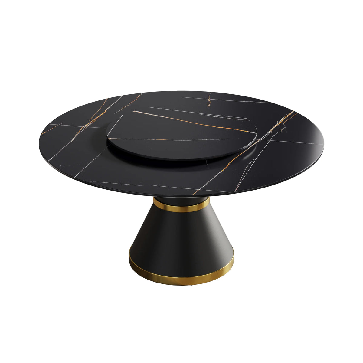 Mesa de comedor Marbella de piedra sinterizada | Redonda de 150 cm (59") en negro mate con base de metal y bandeja giratoria