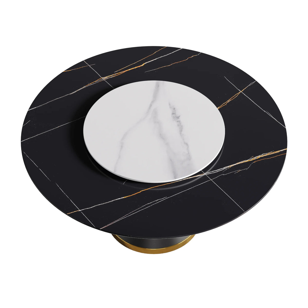 Mesa de comedor Marbella de piedra sinterizada | Redonda de 150 cm (59") en negro mate con base de metal y bandeja giratoria