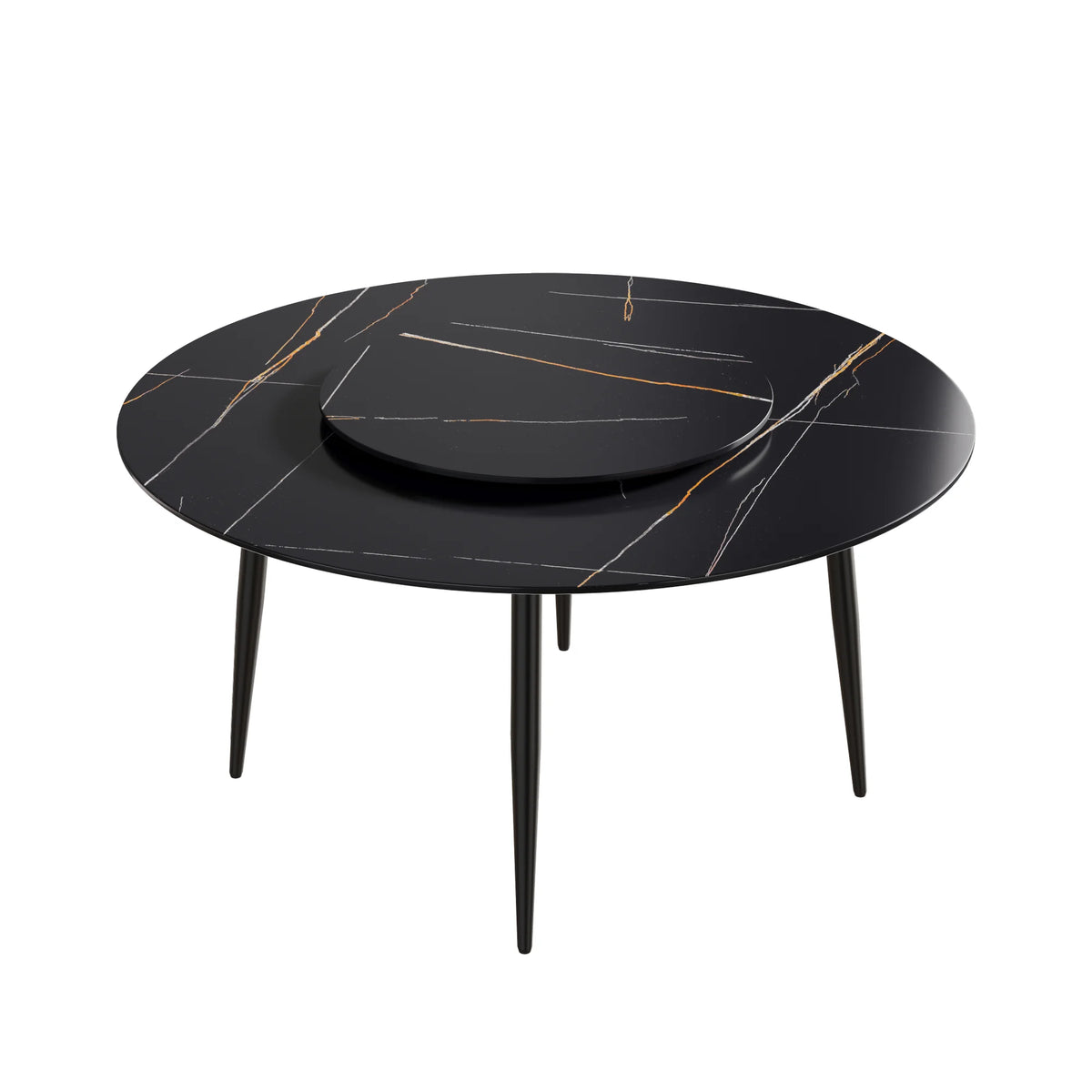 Mesa de comedor Marbella de piedra sinterizada | Redonda de 150 cm (59") en negro mate con base de metal y bandeja giratoria